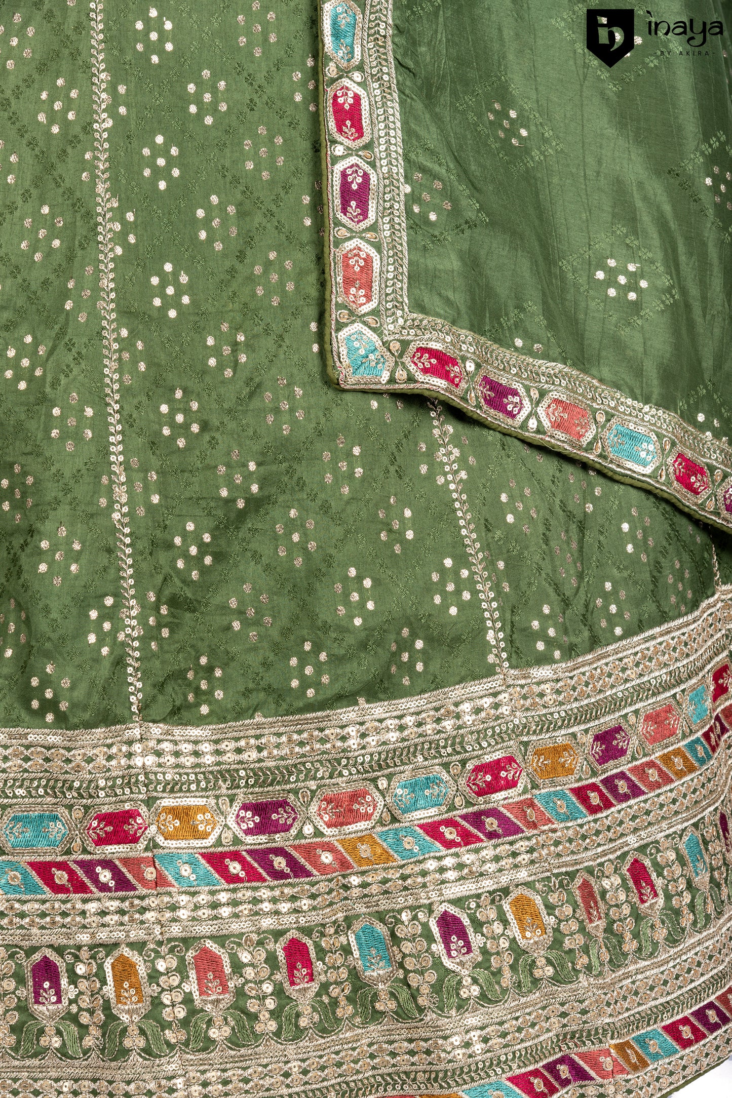 Regal Splendor: Majestic Emerald Green Bandhani Georgette Semi-Stitched Lehenga