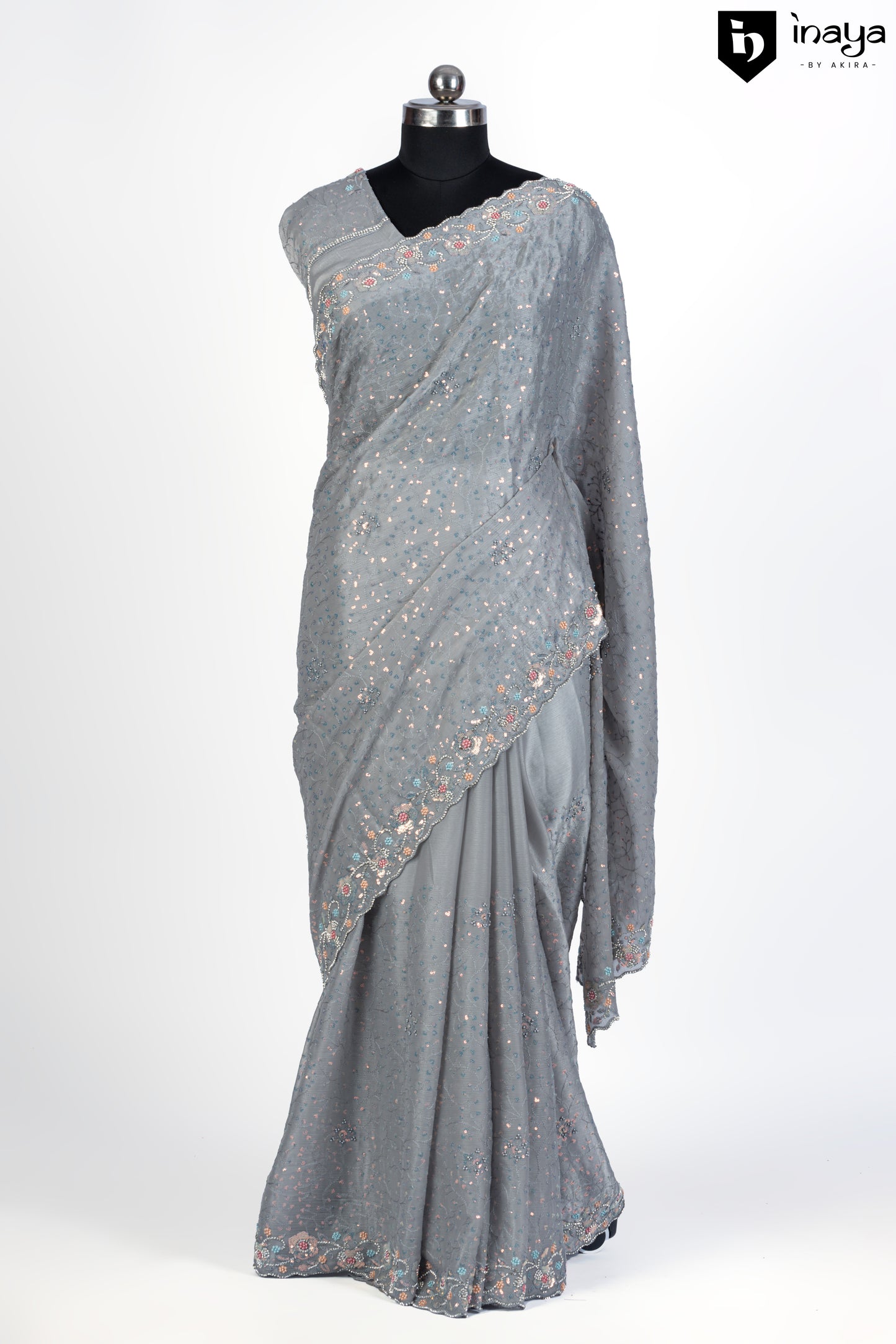 Misty Elegance Grey Chiffon Saree with Floral Accents