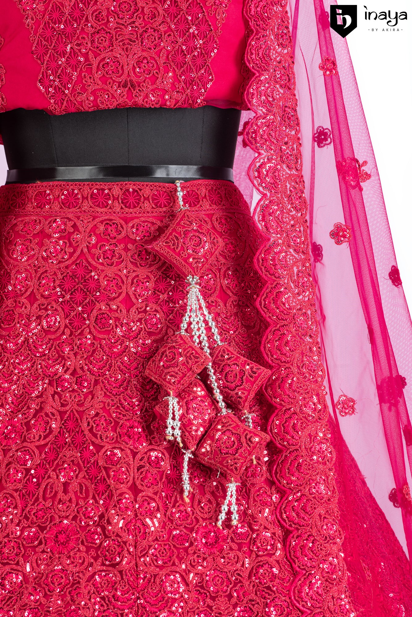 Ruby Red Net Semi-Stitched Lehenga with Exquisite Embellishments