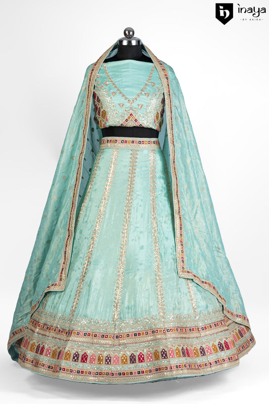 Aqua Elegance Organza Semi-Stitched Lehenga with Heritage Embroidery