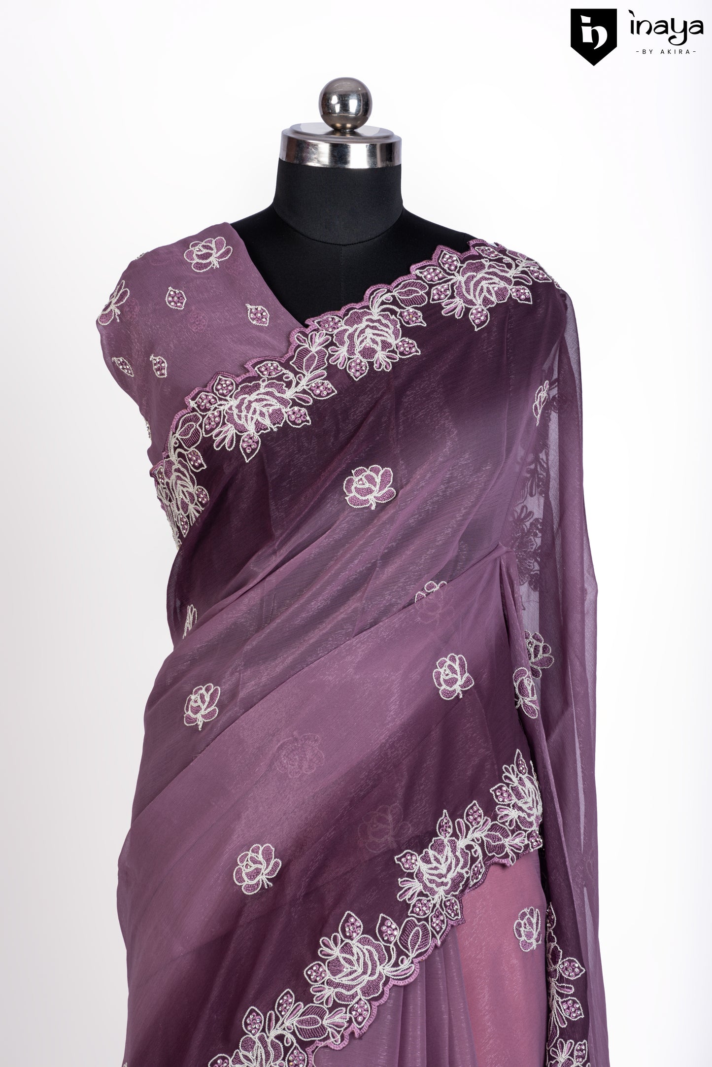 Ethereal Lavender Chiffon Saree with White Embroidery