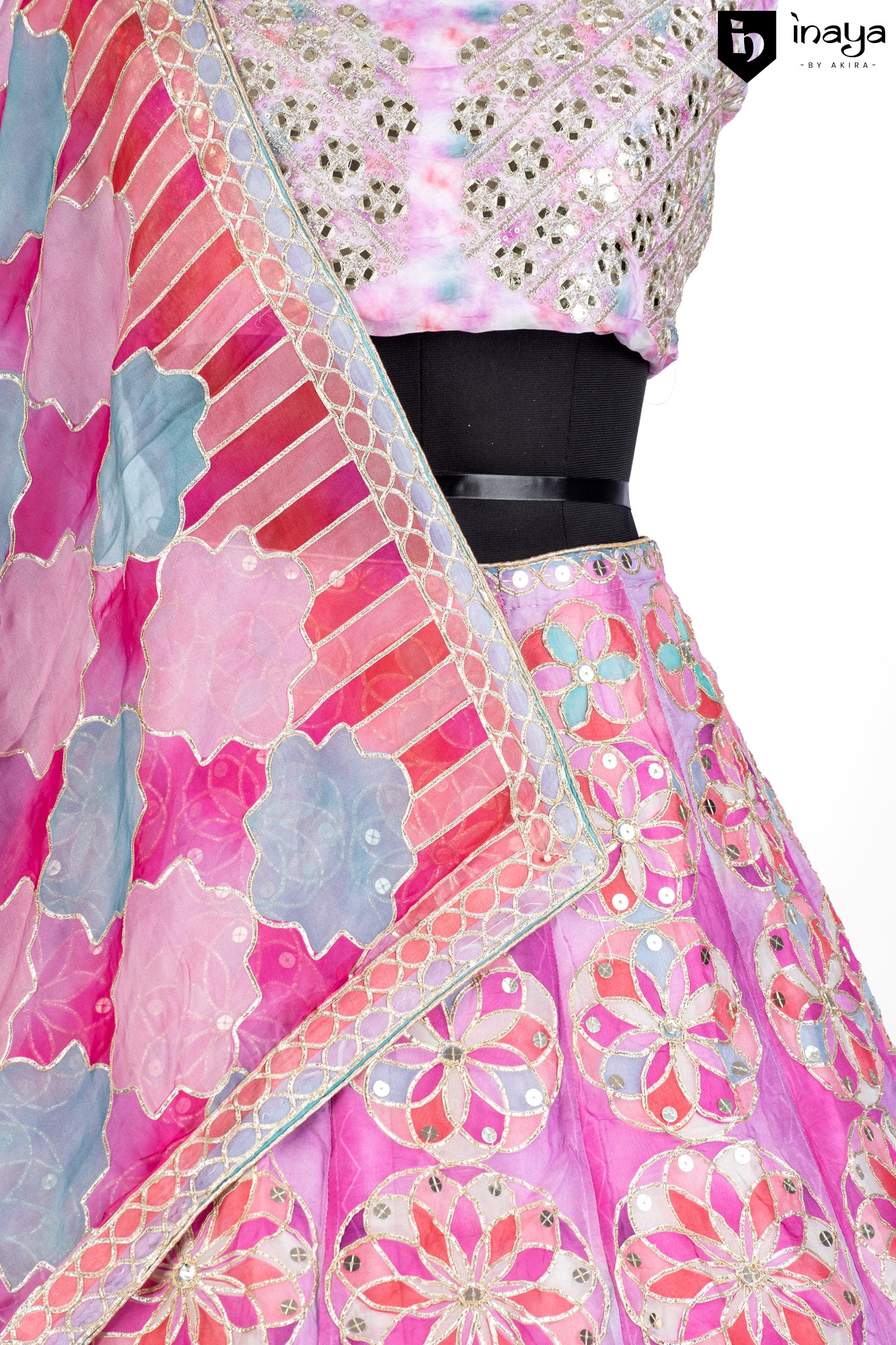 Floral Fiesta: Pink Organza Semi-Stitched Lehenga with Hand-Painted Flowers