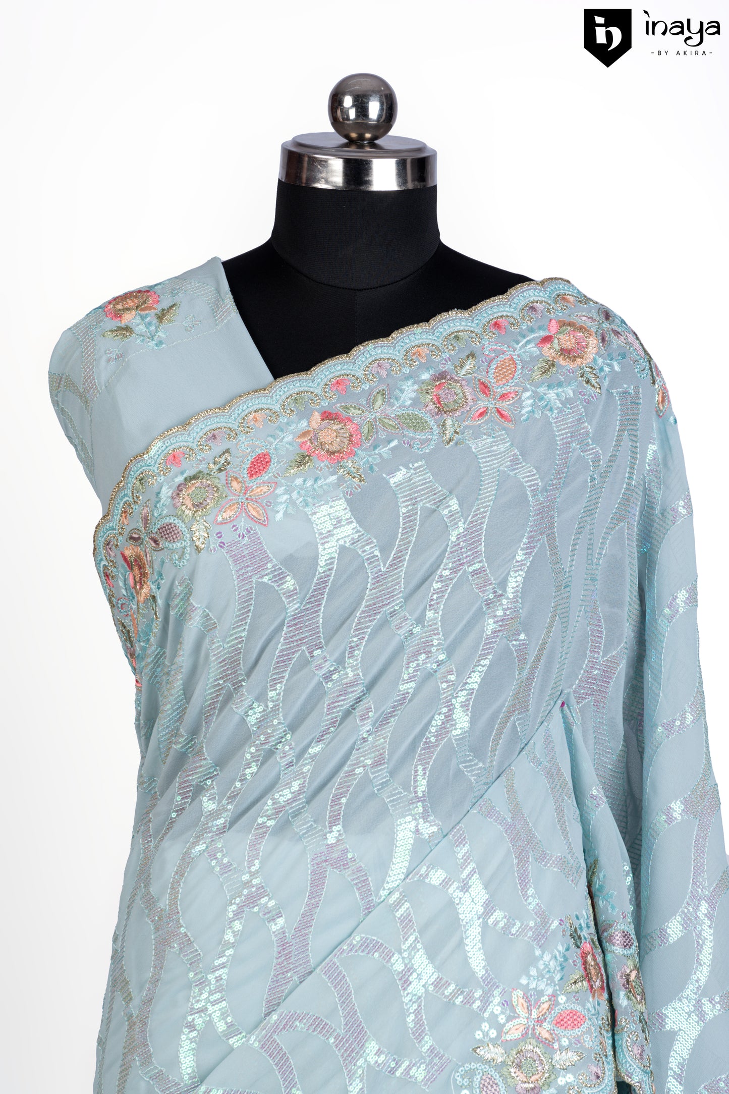 Aqua Georgette Saree with Floral Embellishments