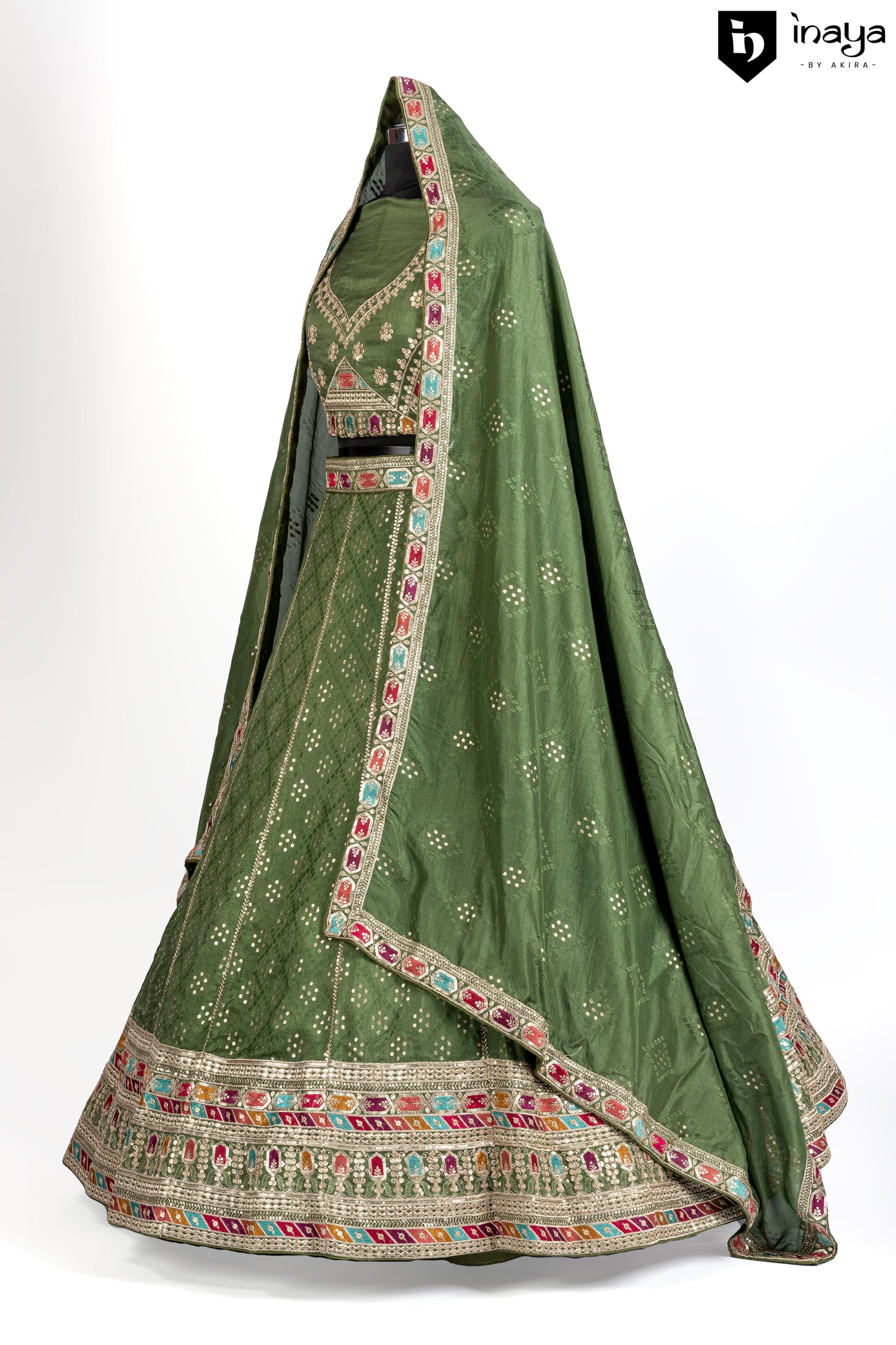 Regal Splendor: Majestic Emerald Green Bandhani Georgette Semi-Stitched Lehenga