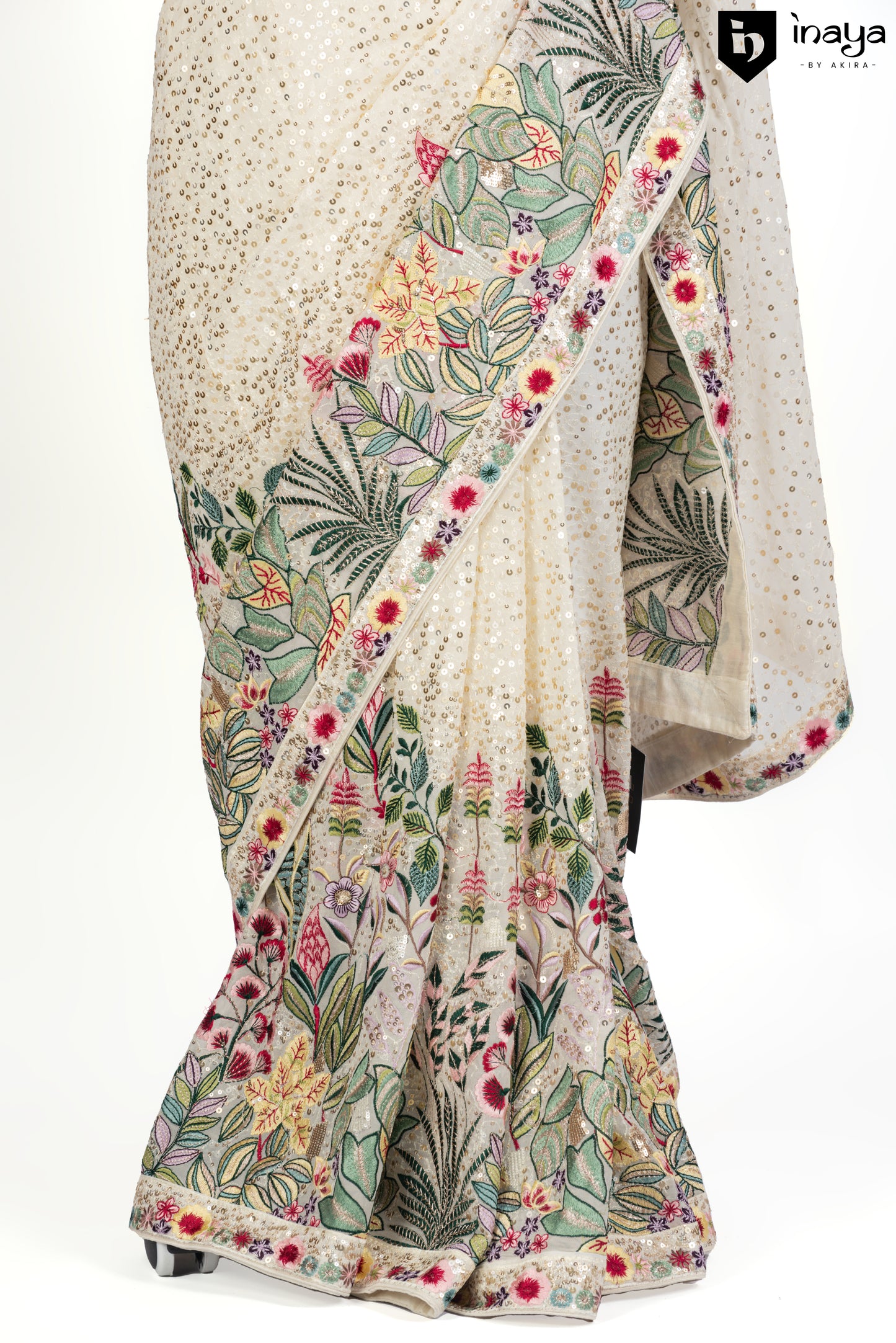 Ivory Oasis Georgette Saree with Botanical Embroidery