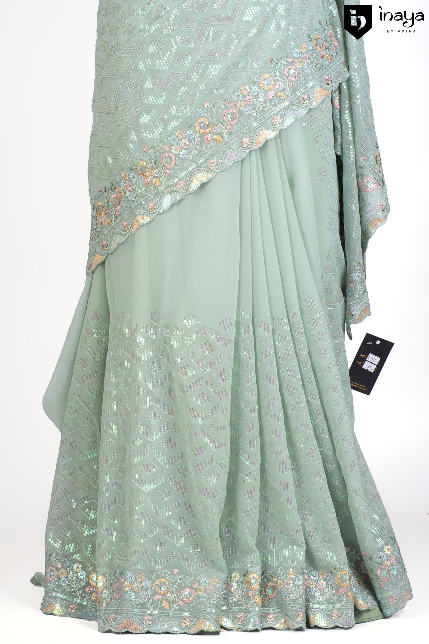 Mint Mirage Georgette Saree with Floral Embellishments