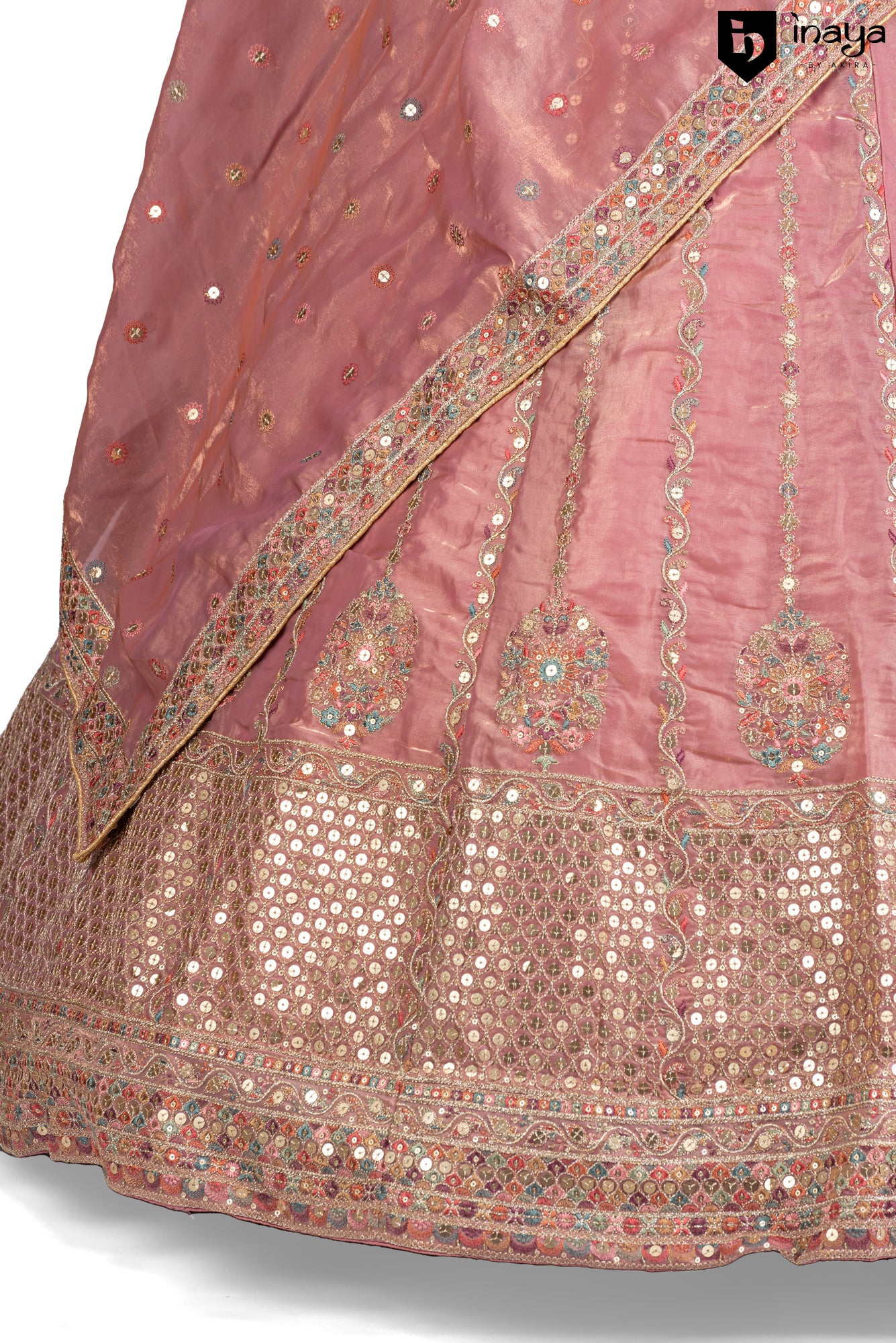 Dusty Rose Elegance: Dusty Rose French Crepe Silk Semi-Stitched Bridal Lehenga with Net Dupatta