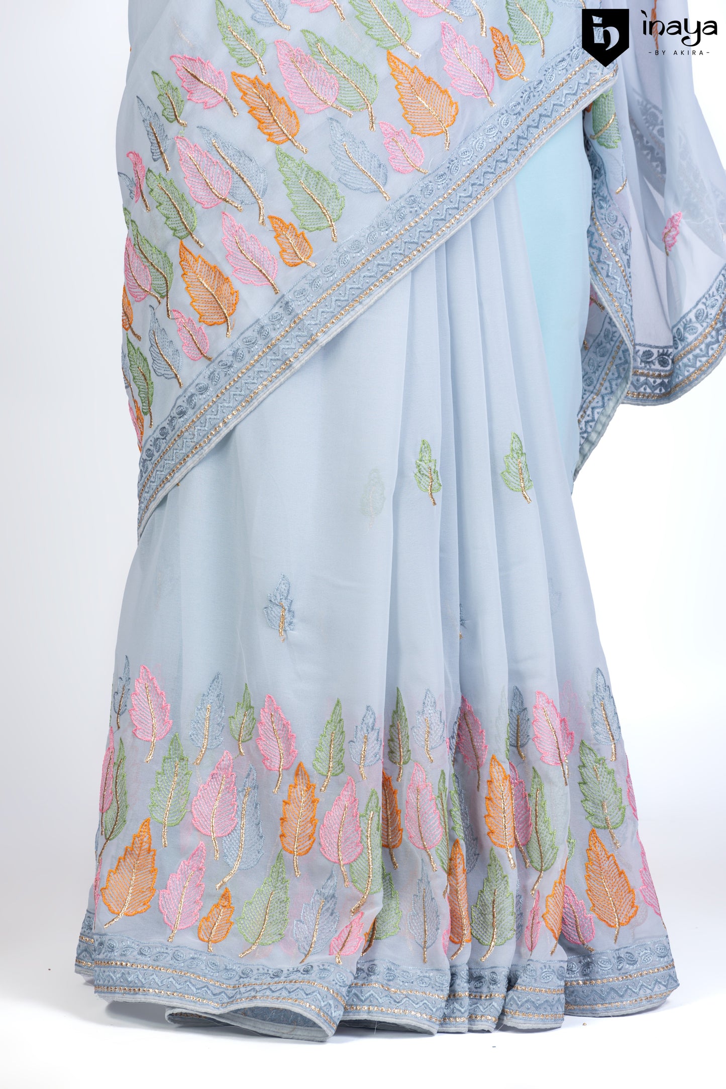 Serene Sky Blue Georgette Saree with Pastel Leaf Motifs