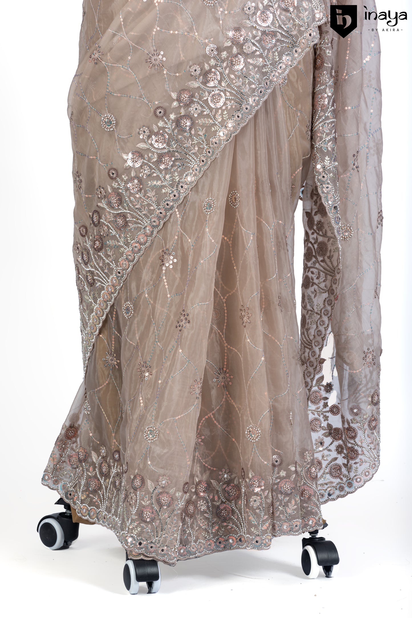 Beige Elegance Organza Saree with Silver Embellishments