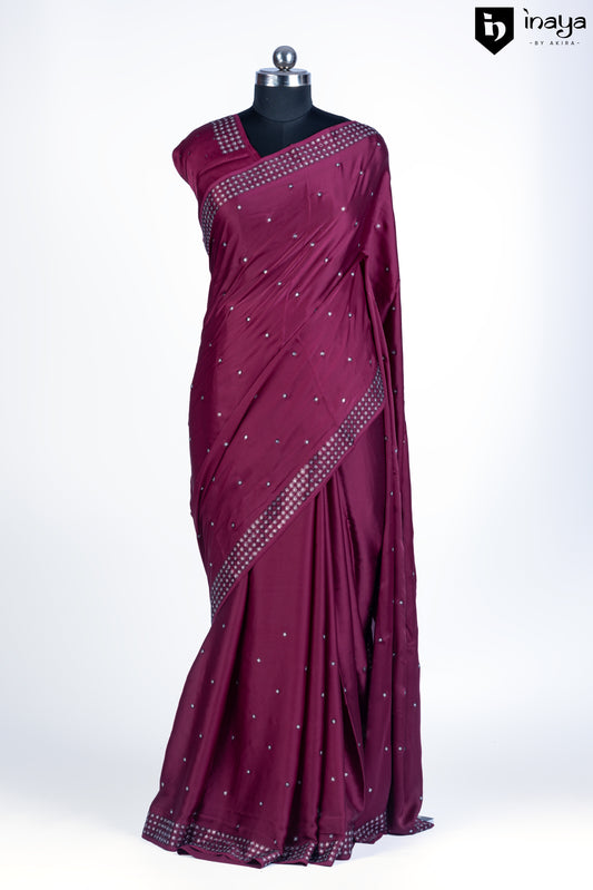 Wine Stain Crepe Saree with Elegant Mirror Work