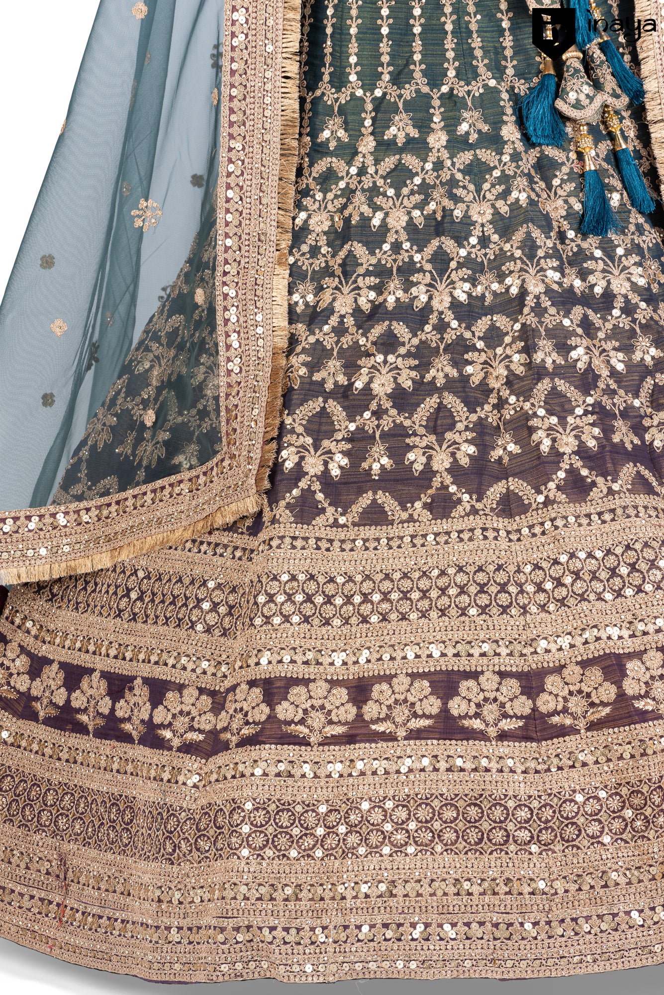 Mocha and Ice: Mocha Raw Silk Semi-Stitched Bridal Lehenga with Ice Blue Dupatta