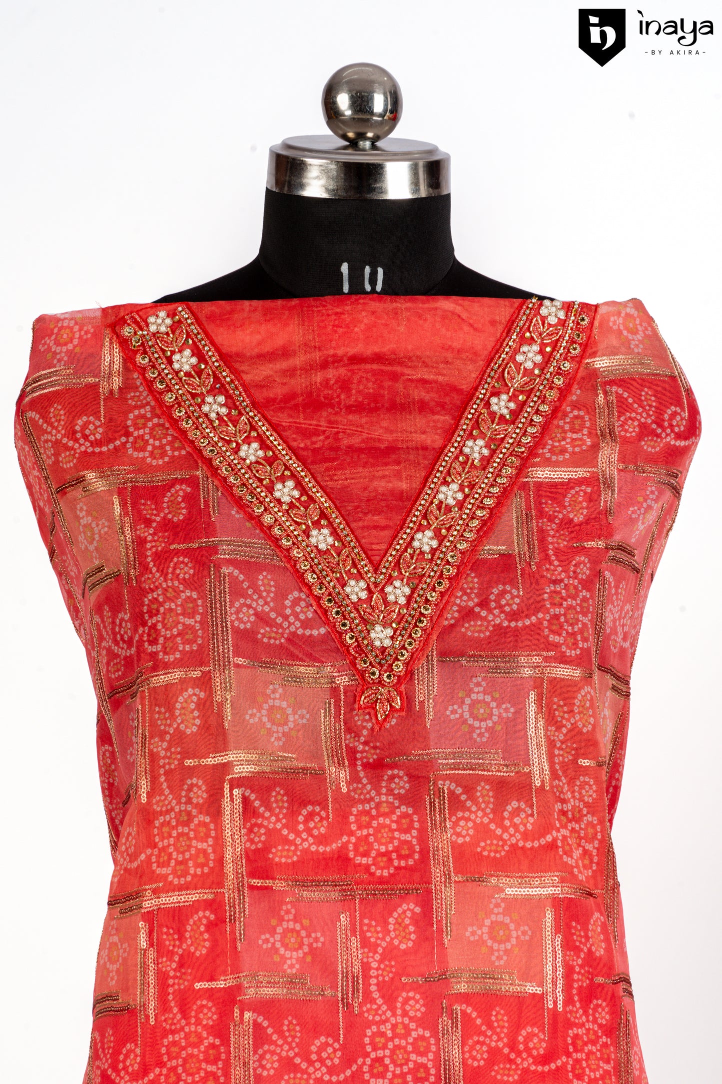 Ruby Red Organza Suit Set with Golden Embroidery