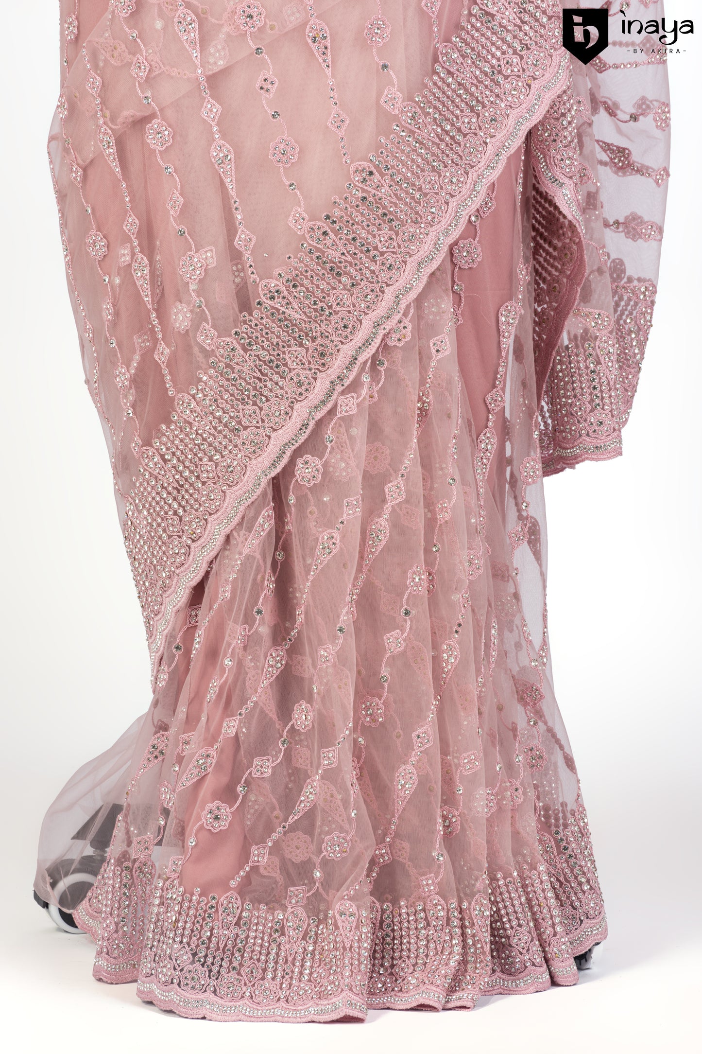 Ethereal Blush Pink Net Saree with Sequined Embellishments