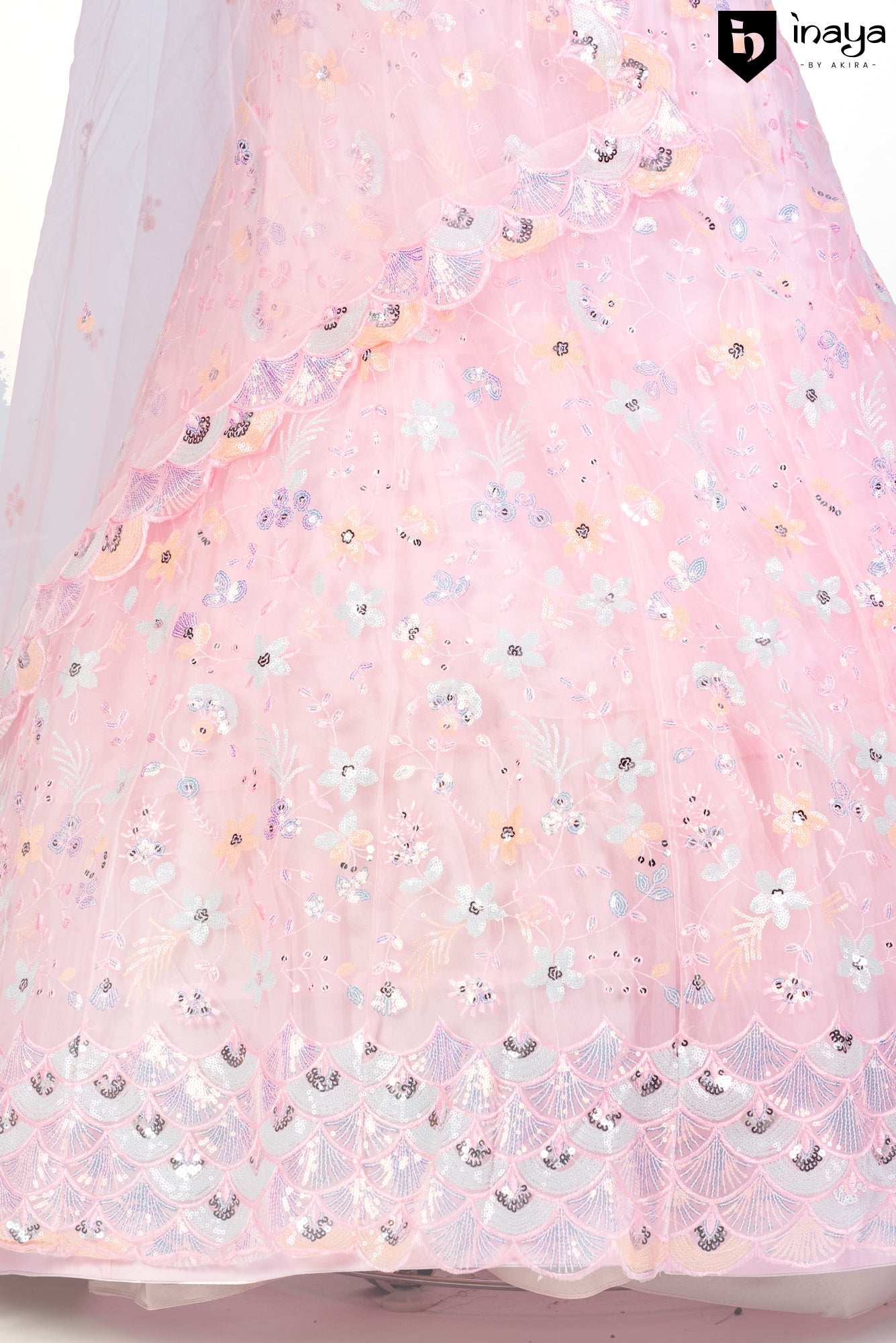 Ethereal Pink Net Semi-Stitched Lehenga with Sequin Embellishments