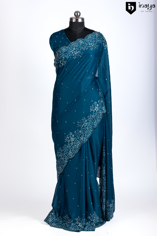 Teal Blue Chiffon Saree with Floral Sequins