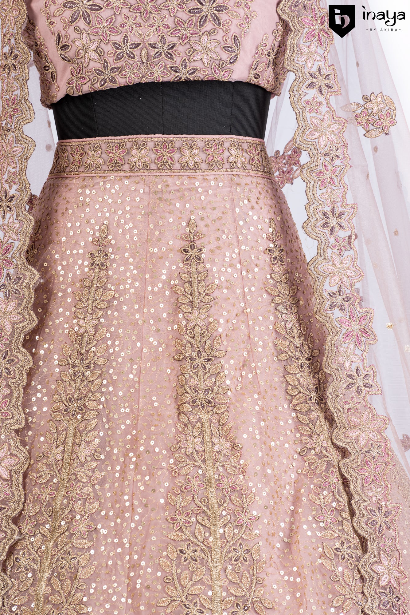 Blush of Dawn: Blush Pink Net Semi-Stitched Bridal Lehenga with Golden Embroidery