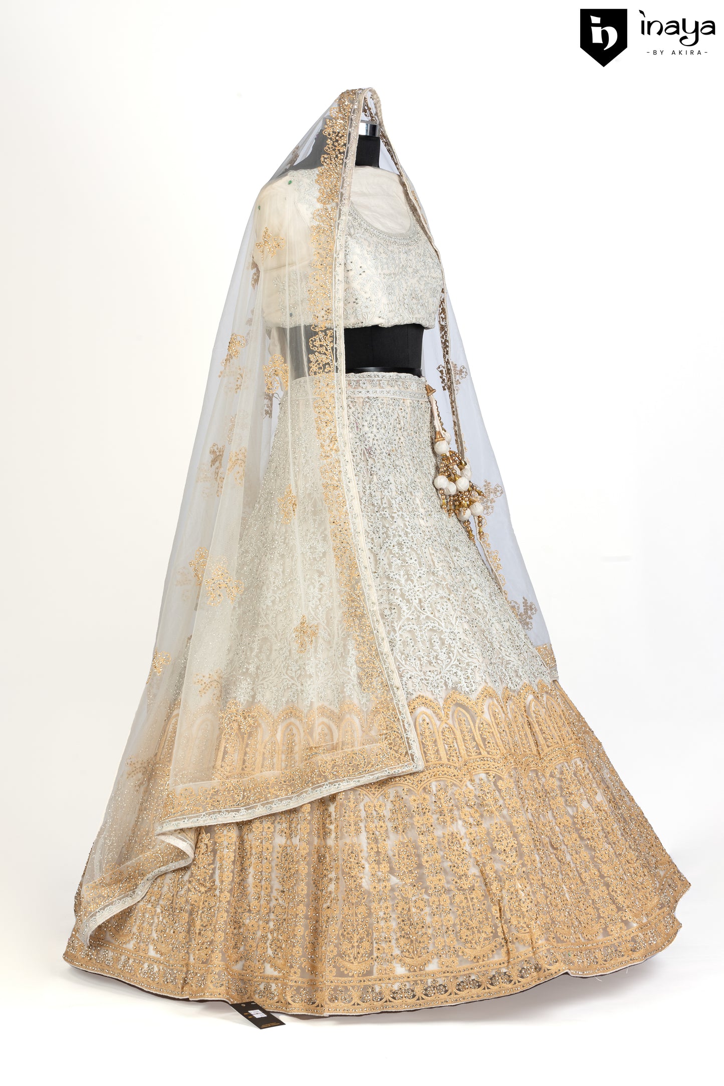 Ivory and Gold Semi-Stitched Bridal Lehenga with Elegant Sheer Dupatta