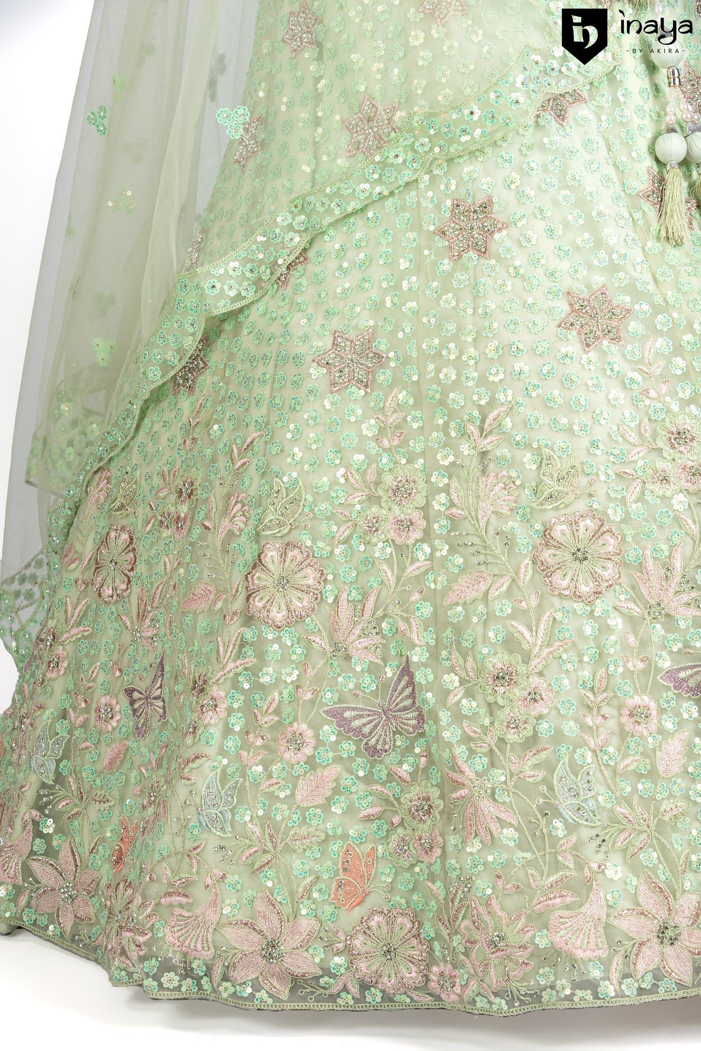 Mint Green Crepe Silk Semi-Stitched Lehenga with Tassel-Detailed Dupatta