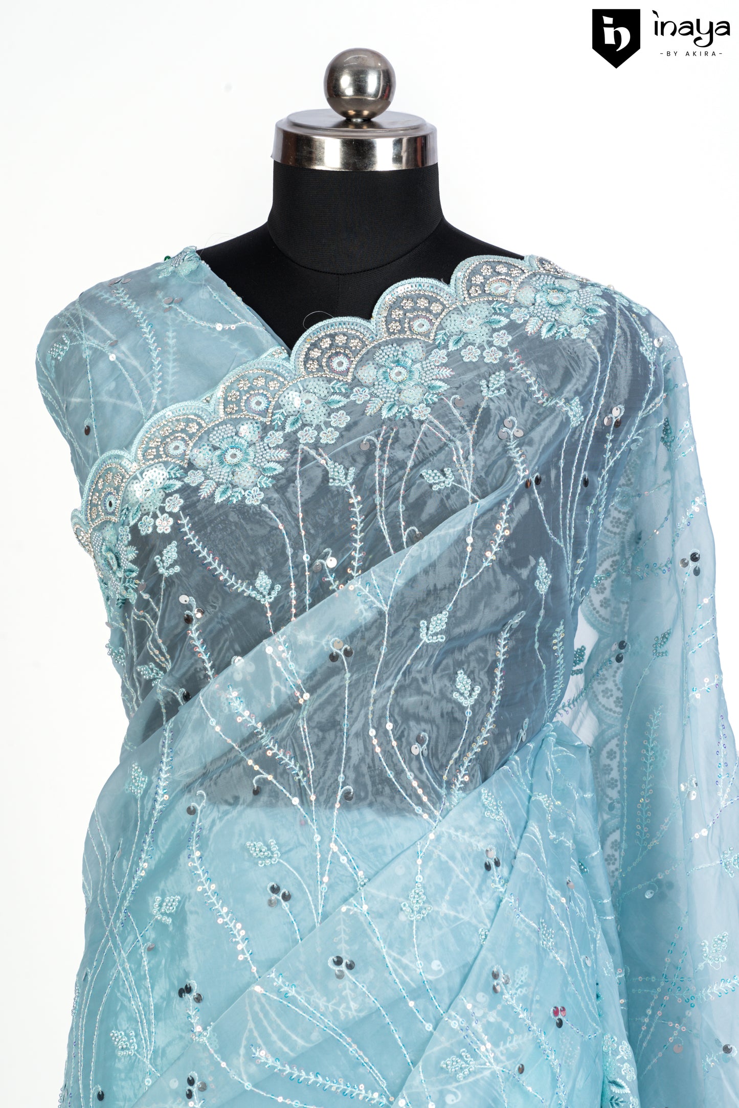 Aqua Elegance Organza Saree with Crystal Embellishments