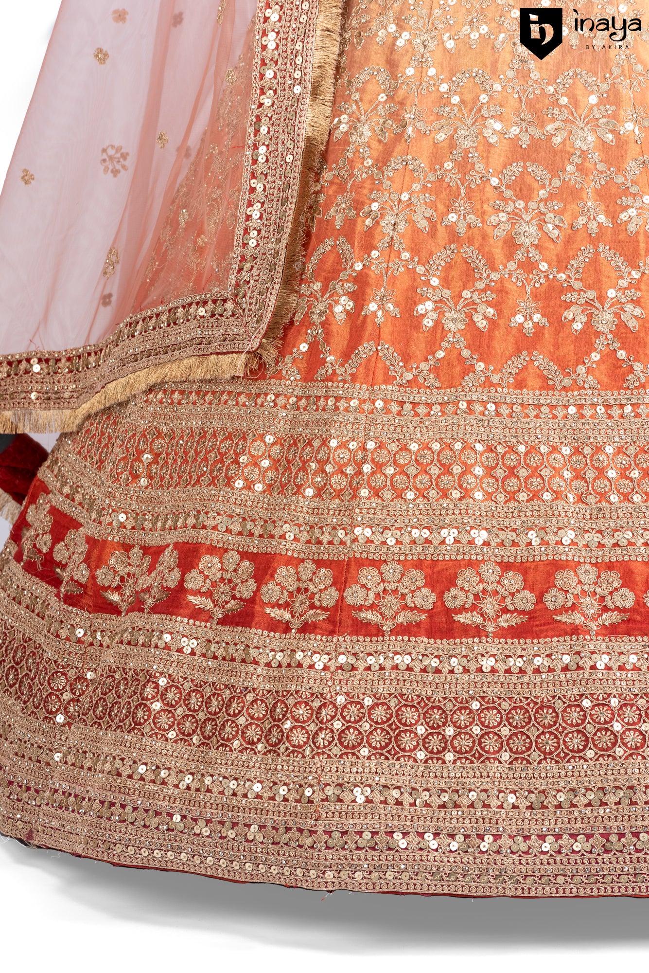 Mocha and Ice: Mocha Raw Silk Semi-Stitched Bridal Lehenga with Ice Orange Dupatta