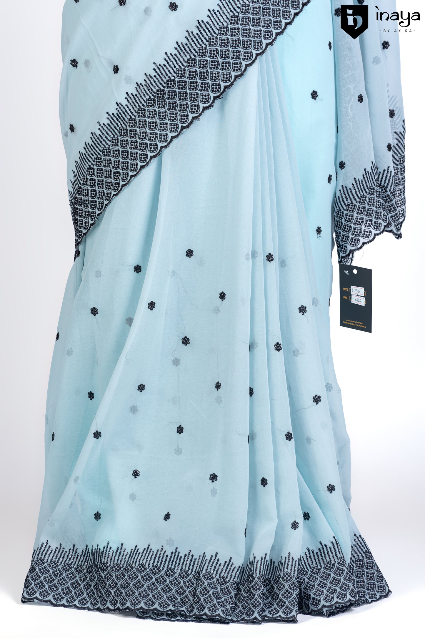 Aqua Serenity Georgette Saree with Geometric Borders