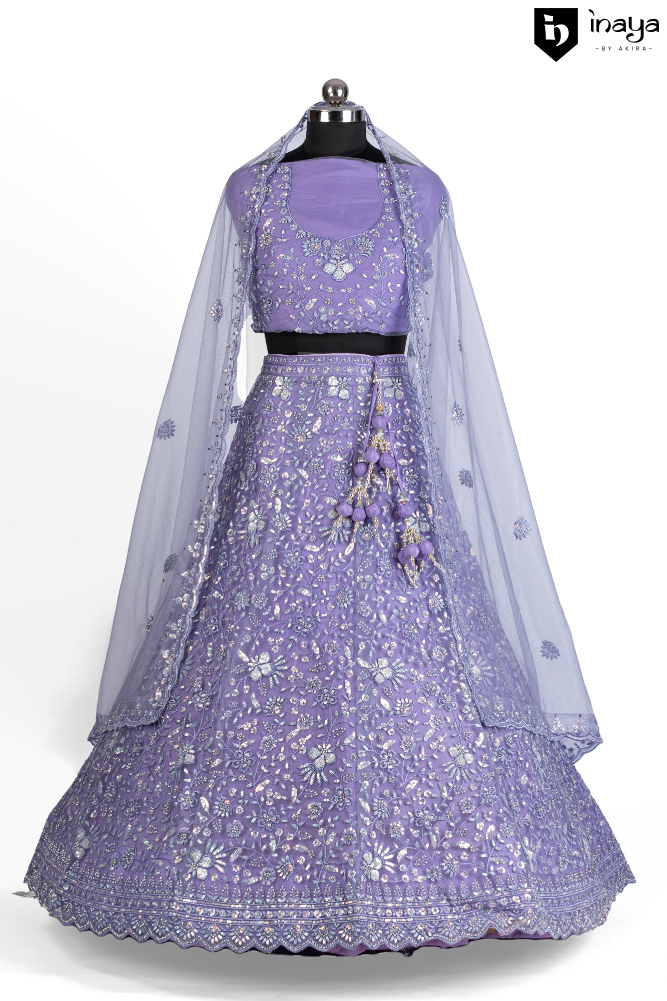 Lavender Luxe: Lavender Net Semi-Stitched Lehenga with Floral Embroidery