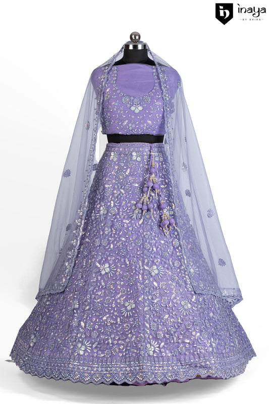 Lavender Luxe: Lavender Net Semi-Stitched Lehenga with Floral Embroidery