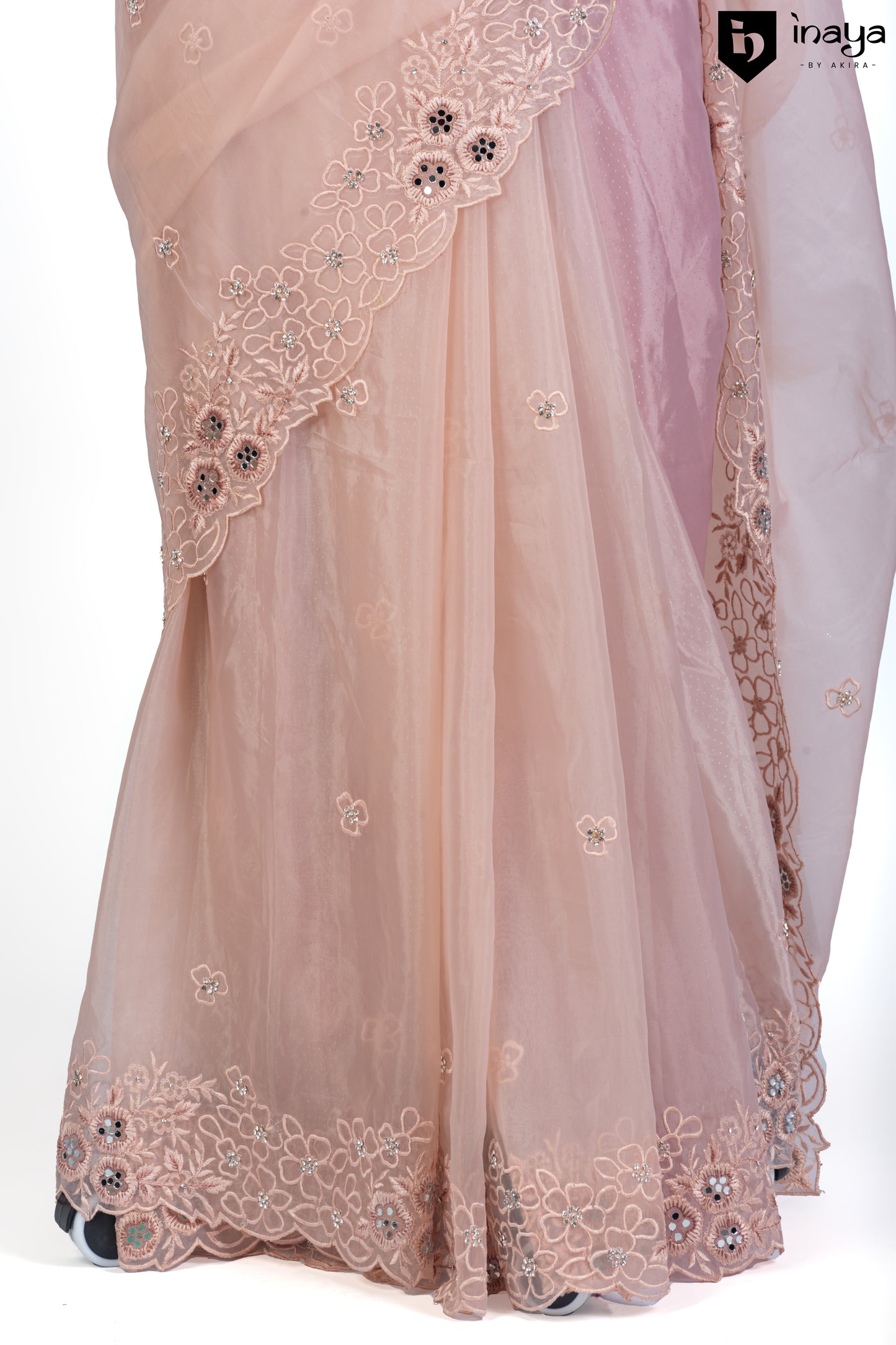 Peach Perfection Organza Saree with Silver Embellishments