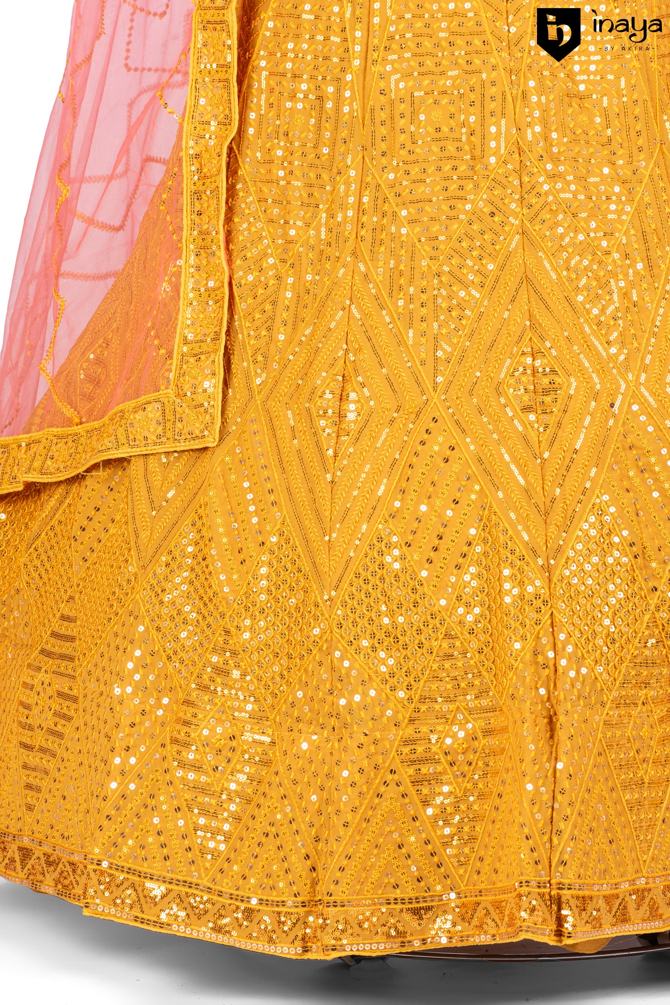 Golden Radiance Jacquard Semi-Stitched Lehenga with Pink Accents