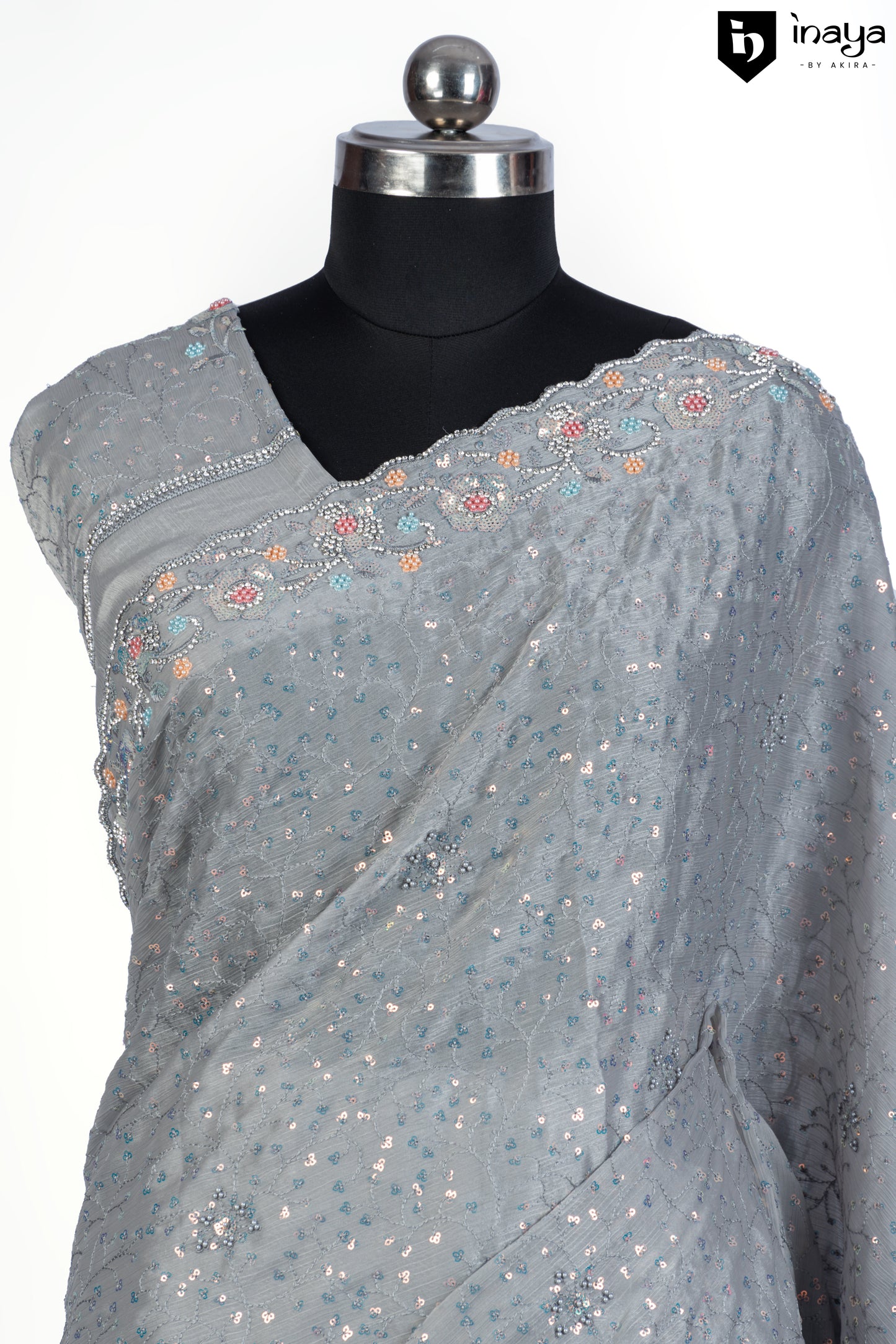 Misty Elegance Grey Chiffon Saree with Floral Accents