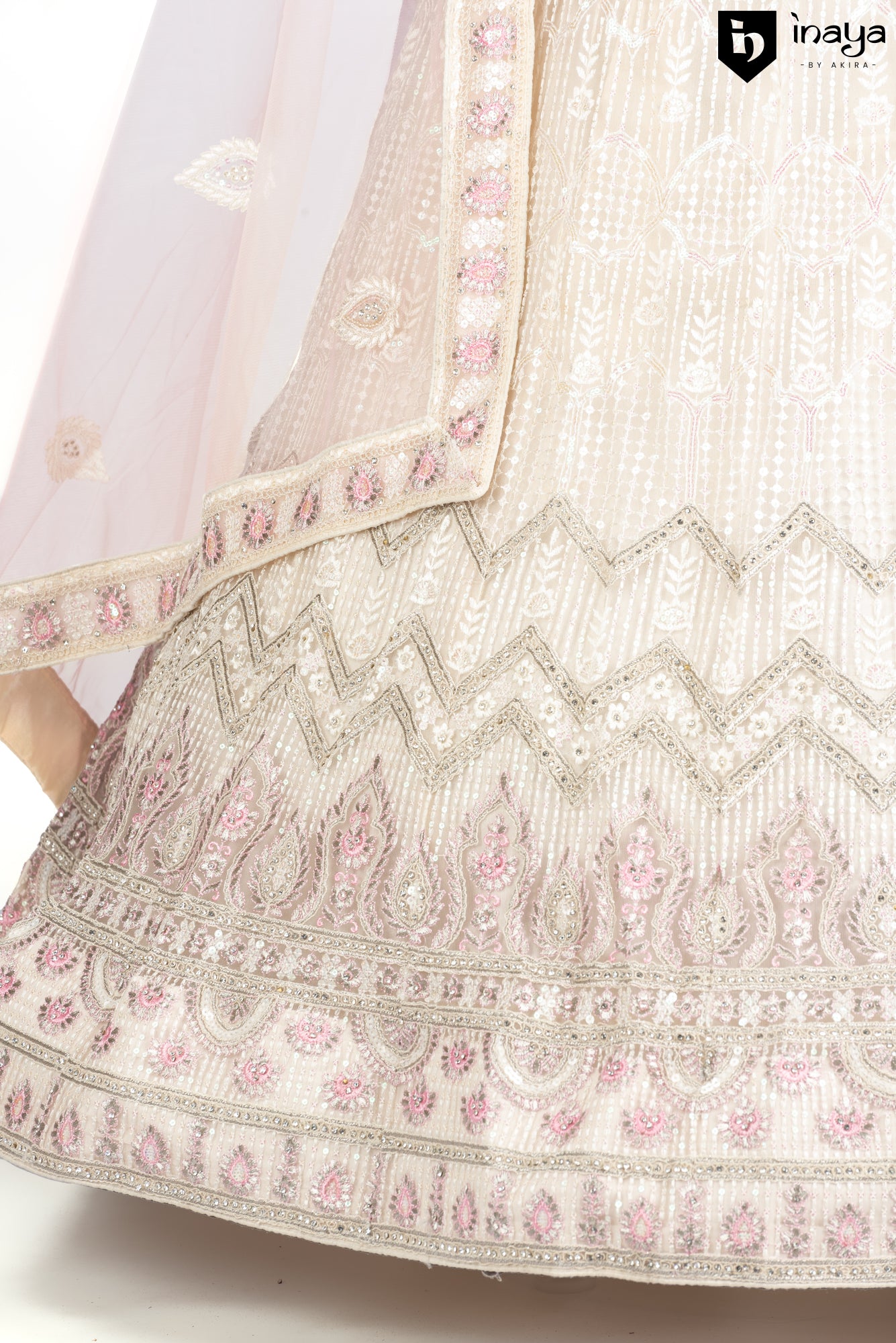 Vintage Vanilla: Vanilla Net Semi-Stitched Lehenga with Pink Floral Embroidery