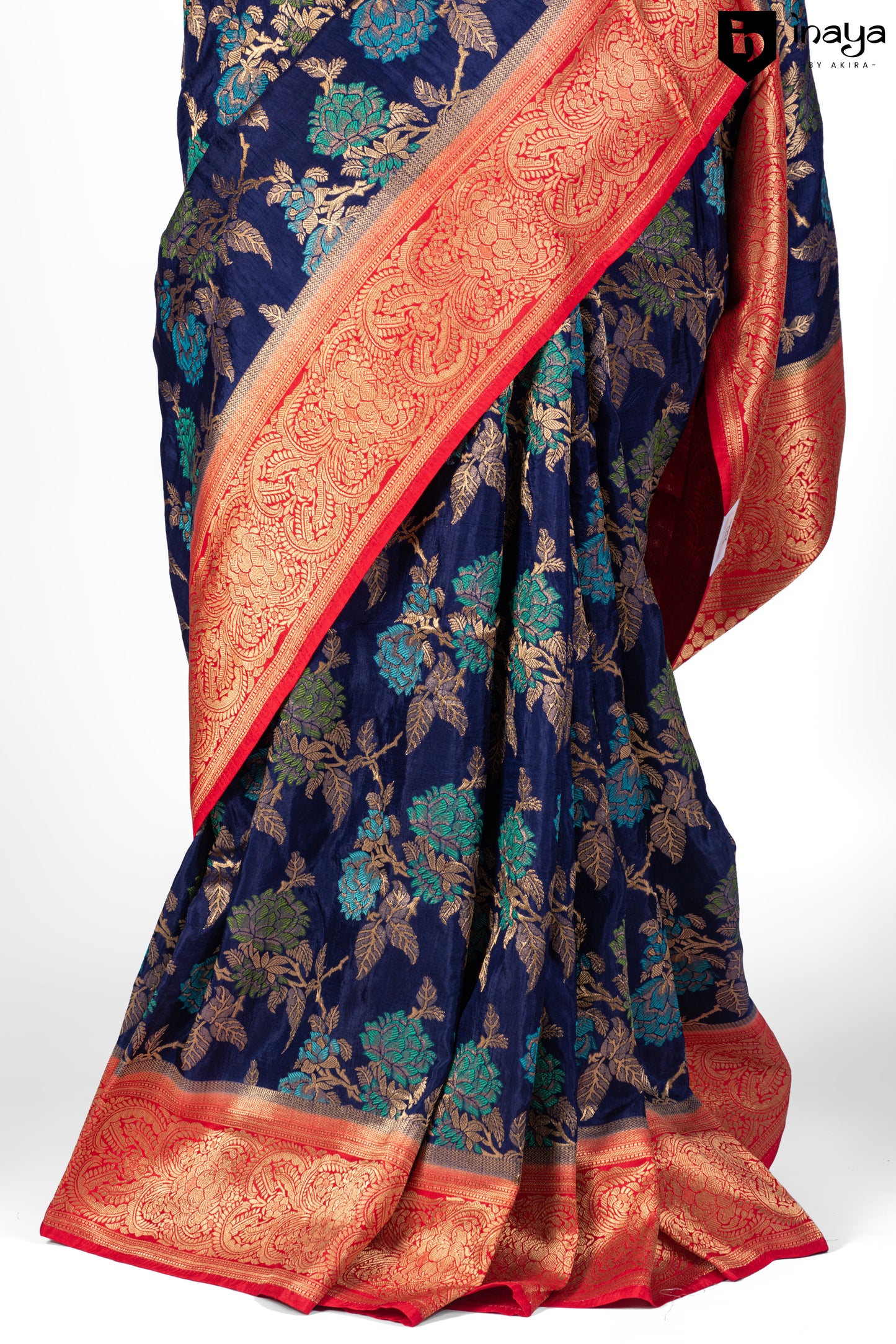 Navy Elegance Banarasi Silk Saree with Rustic Red Accents