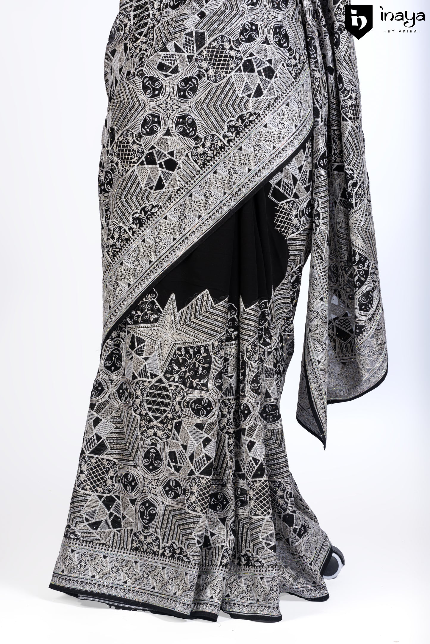 Black Georgette Saree with Monochrome Bandhani Print