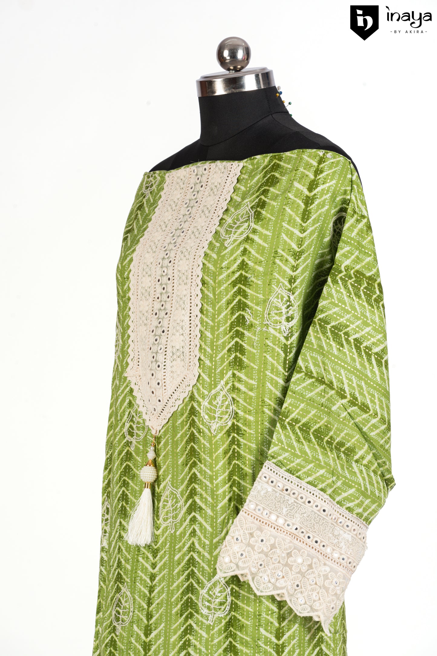 Emerald Essence Rayon Cotton Suit Set with Geometric Embroidery