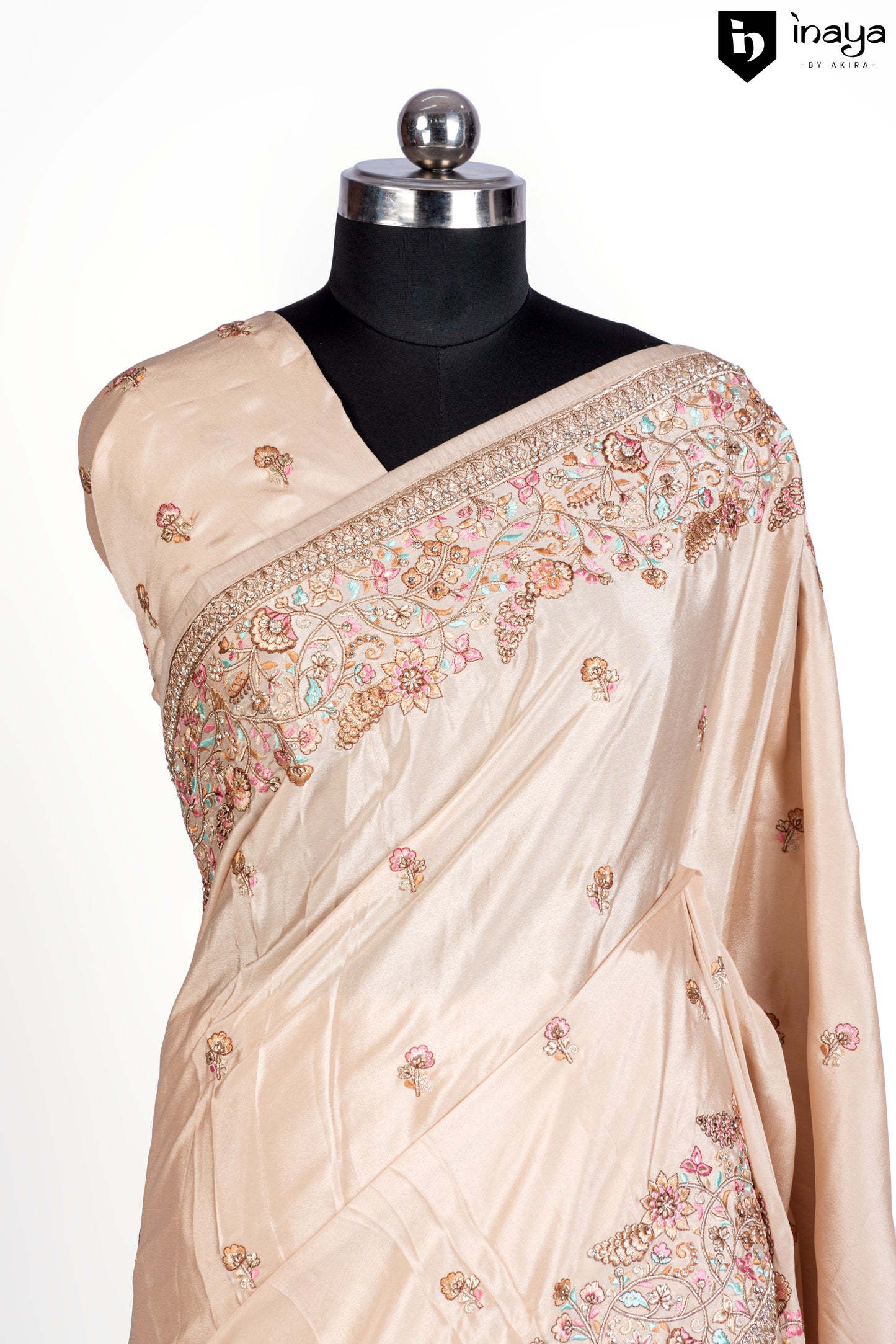 Champagne Elegance Satin Crepe Saree with Embroidered Flourish