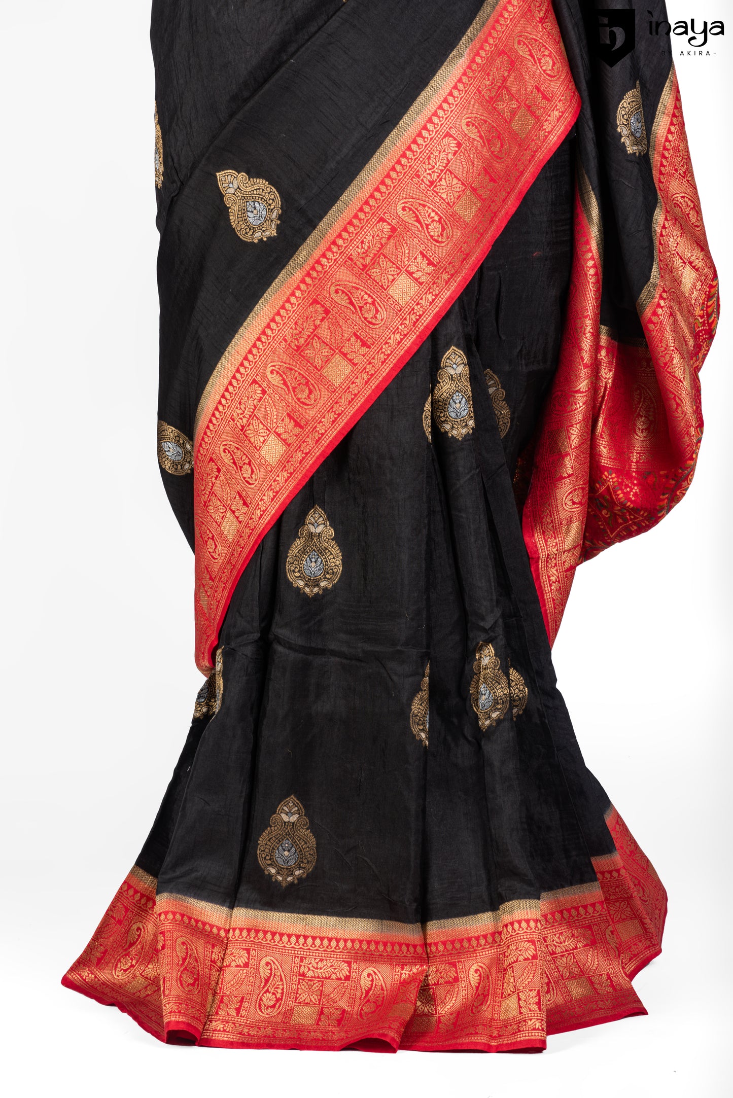 Midnight Elegance Banarasi Silk Saree with Scarlet Accents