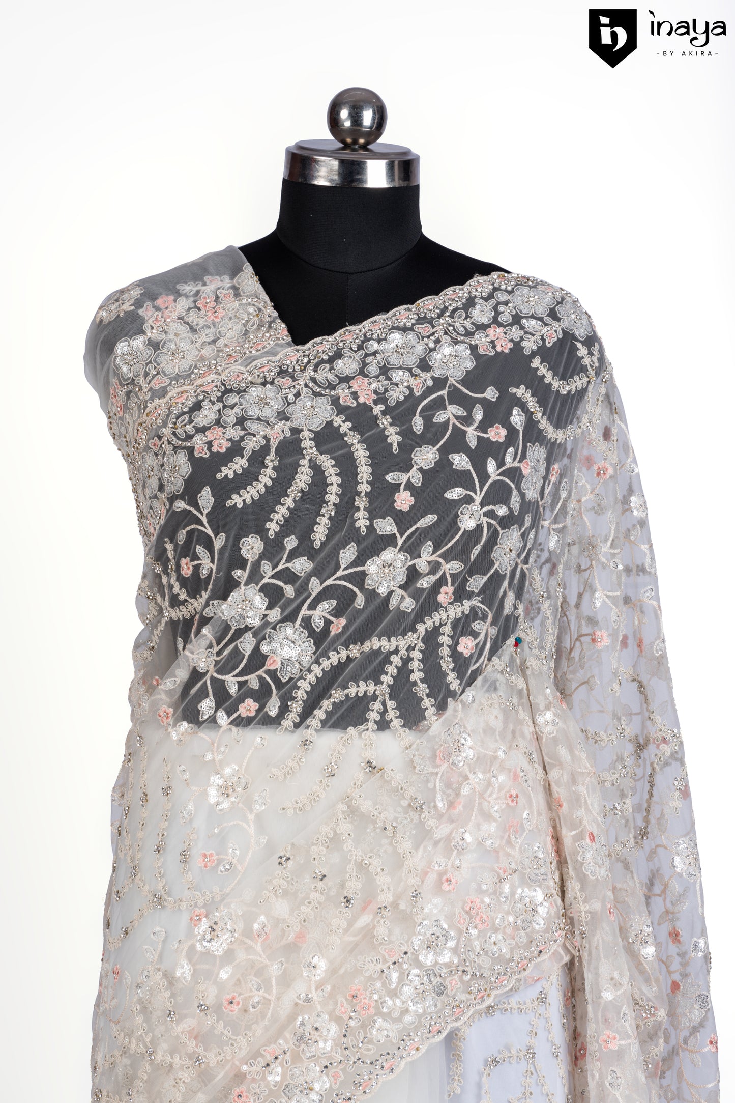 Ivory Net Saree Adorned with Crystal Embellishments