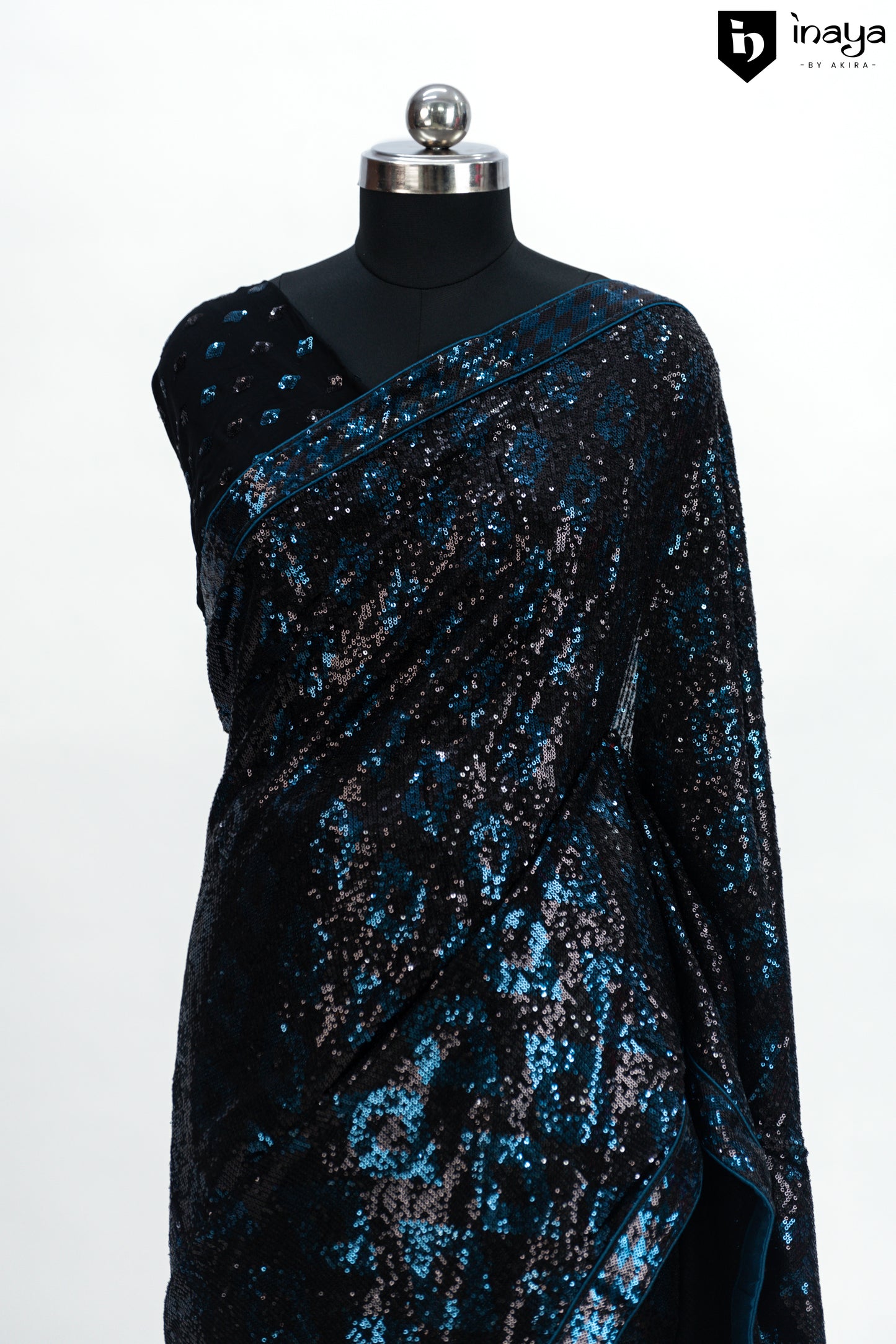 Starry Nightfall Black and Blue Sequined Georgette Saree