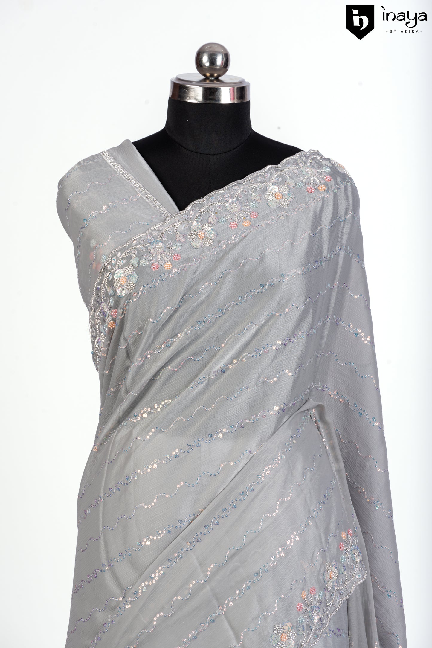 Elegant Whispers Grey Chiffon Saree with Floral Embroidery