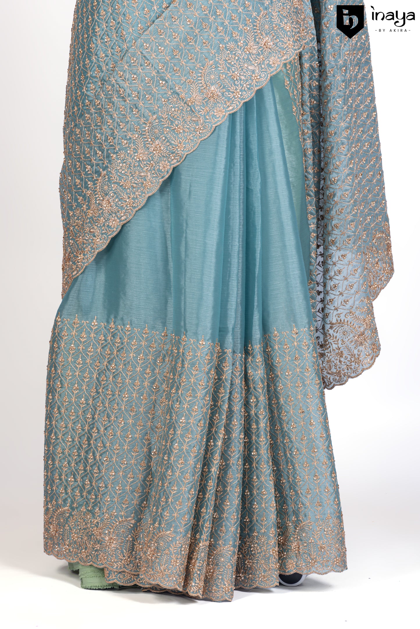 Aqua Mist Organza Saree with Golden Embellishments