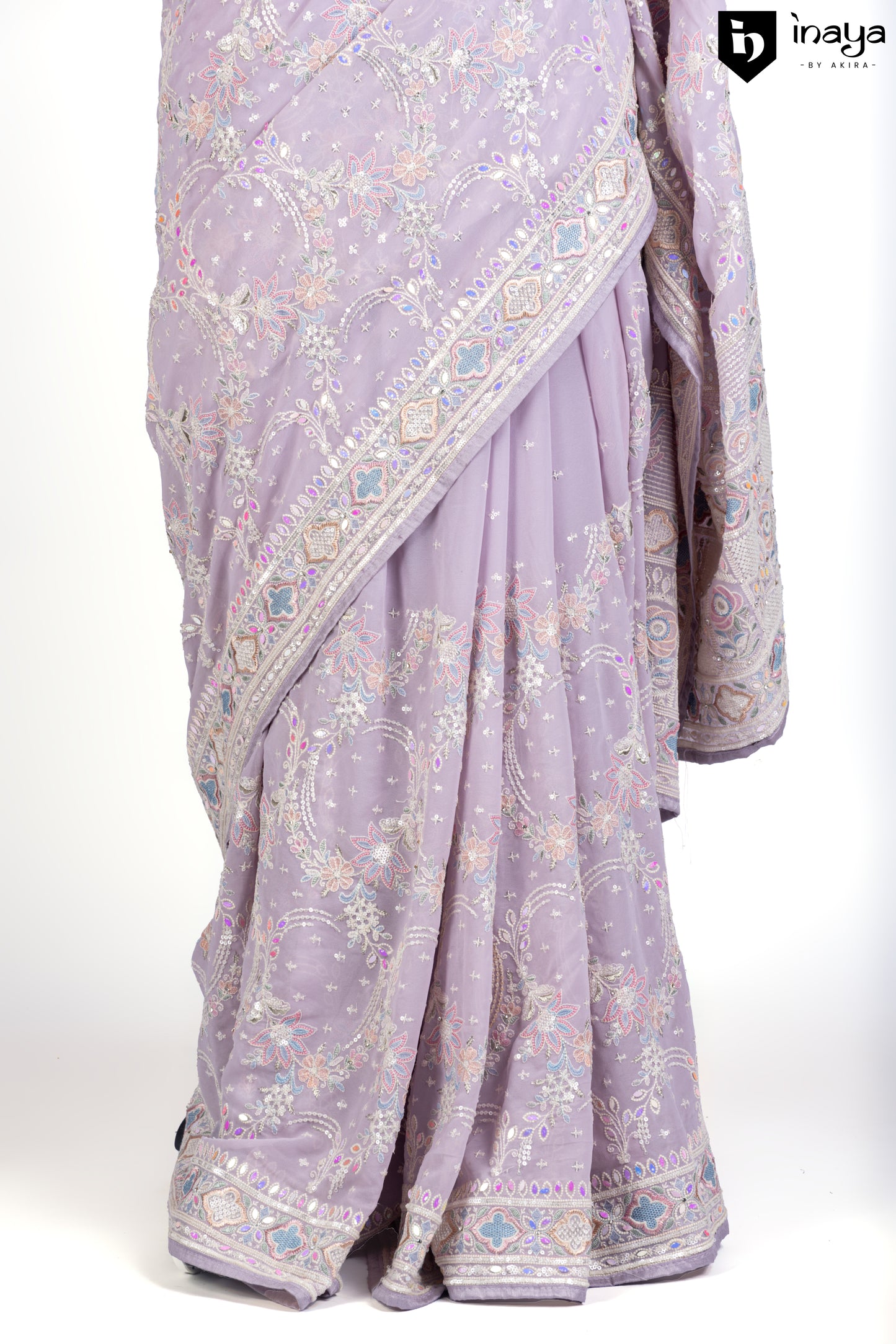 Lavender Georgette Saree with Intricate Pastel Embroidery