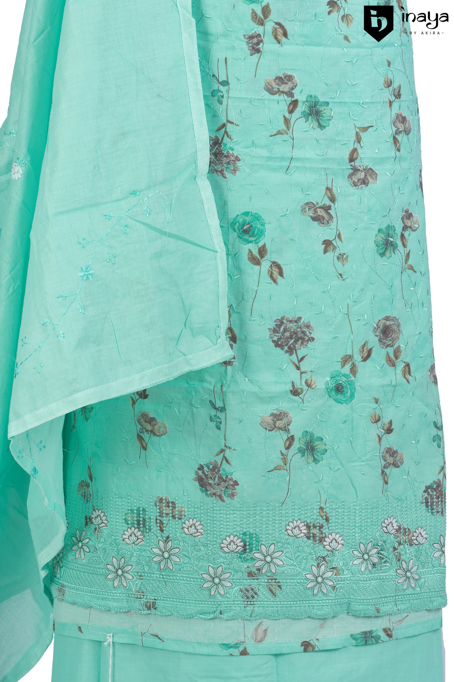 Aqua Garden Cotton Suit with Floral Embroidery