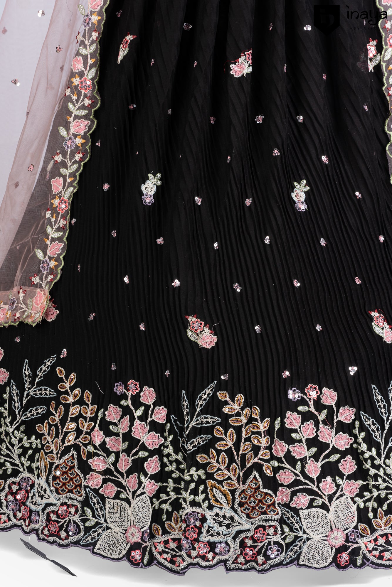 Elegant Black Crepe Silk Semi-Stitched Lehenga Set with Embroidered Dupatta