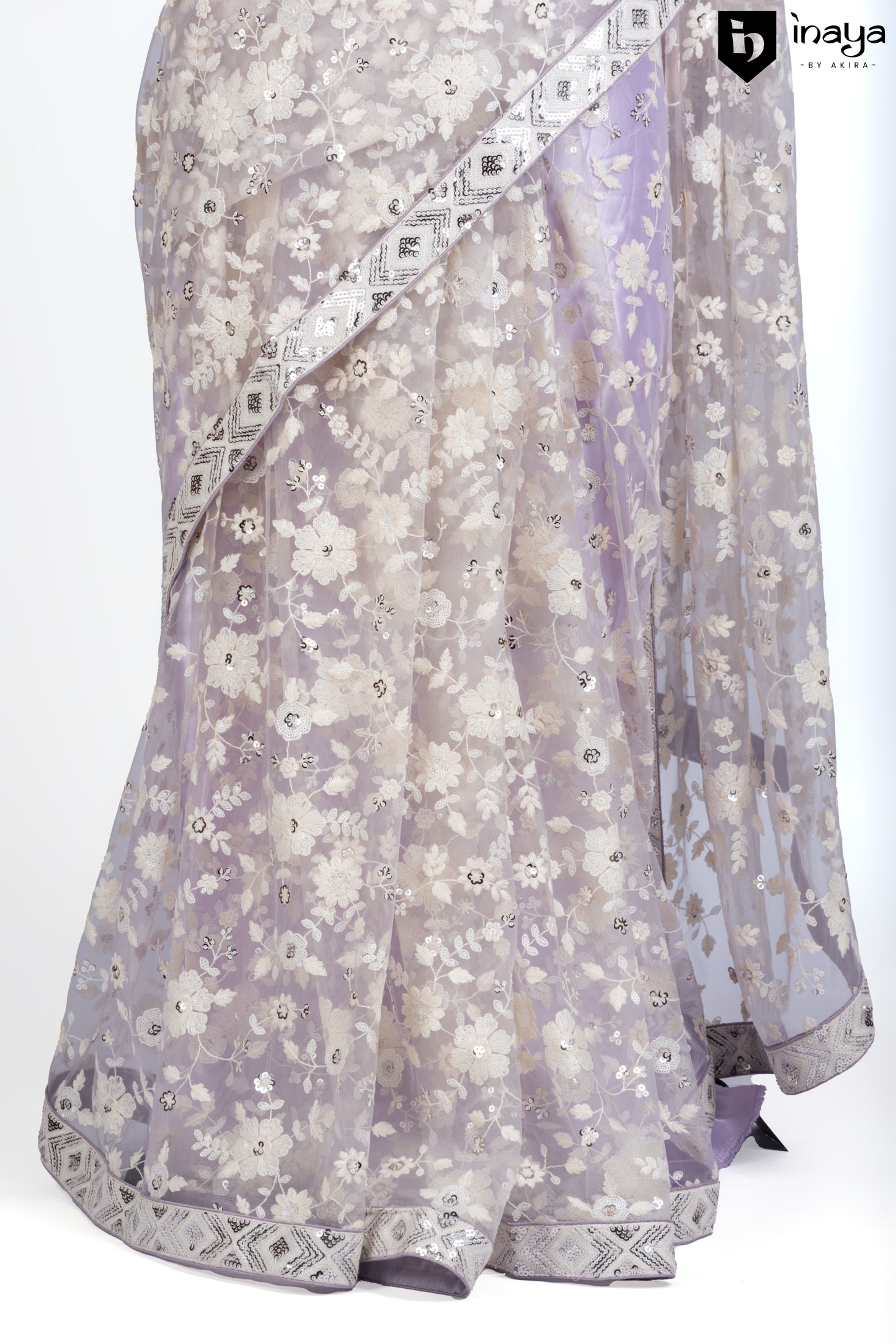 Lavender Net Saree with Floral Embellishments