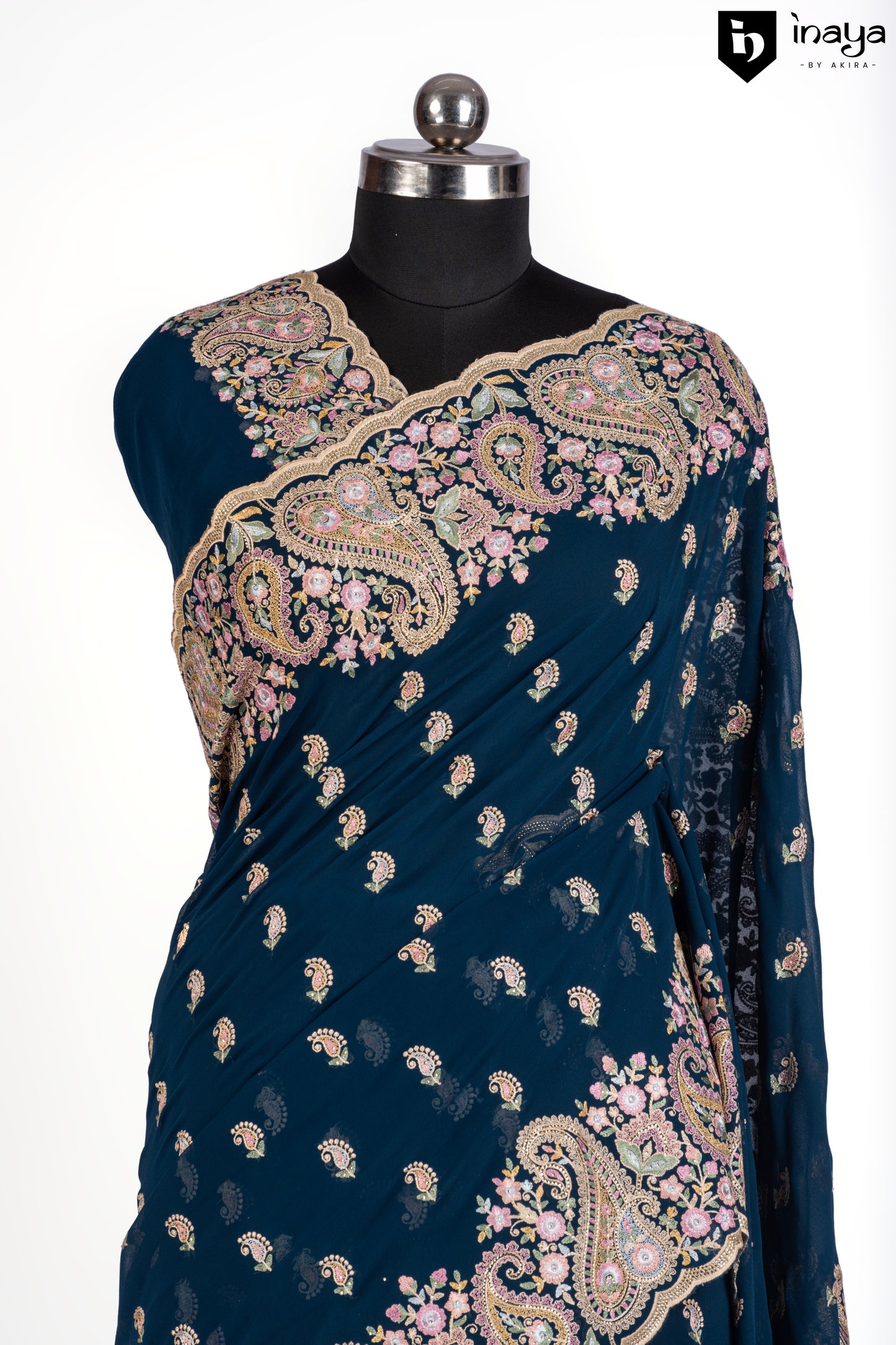 Teal Blue Georgette Saree with Embellished Paisley Motifs