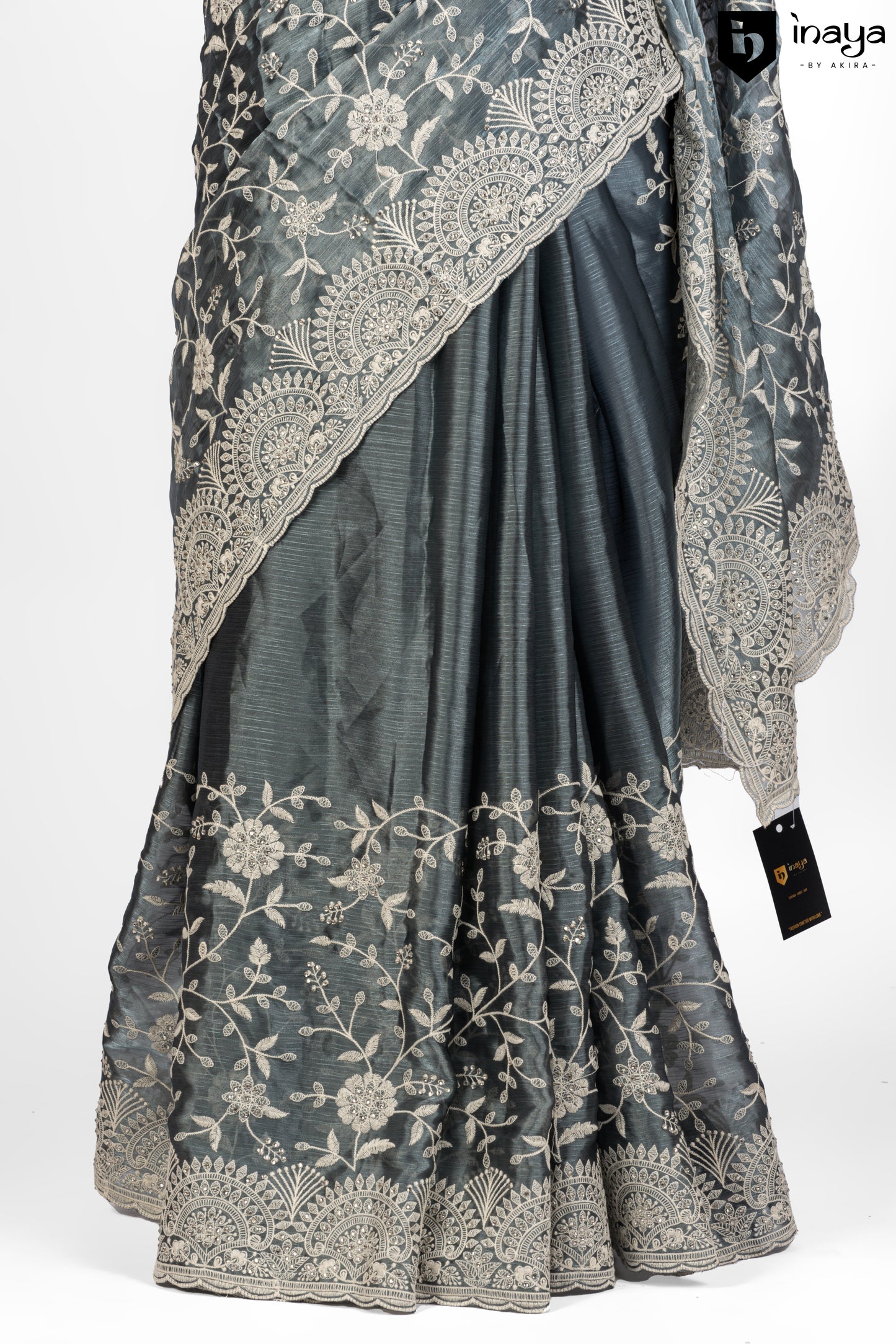 Elegant Grey Organza Saree with Floral Embroidery