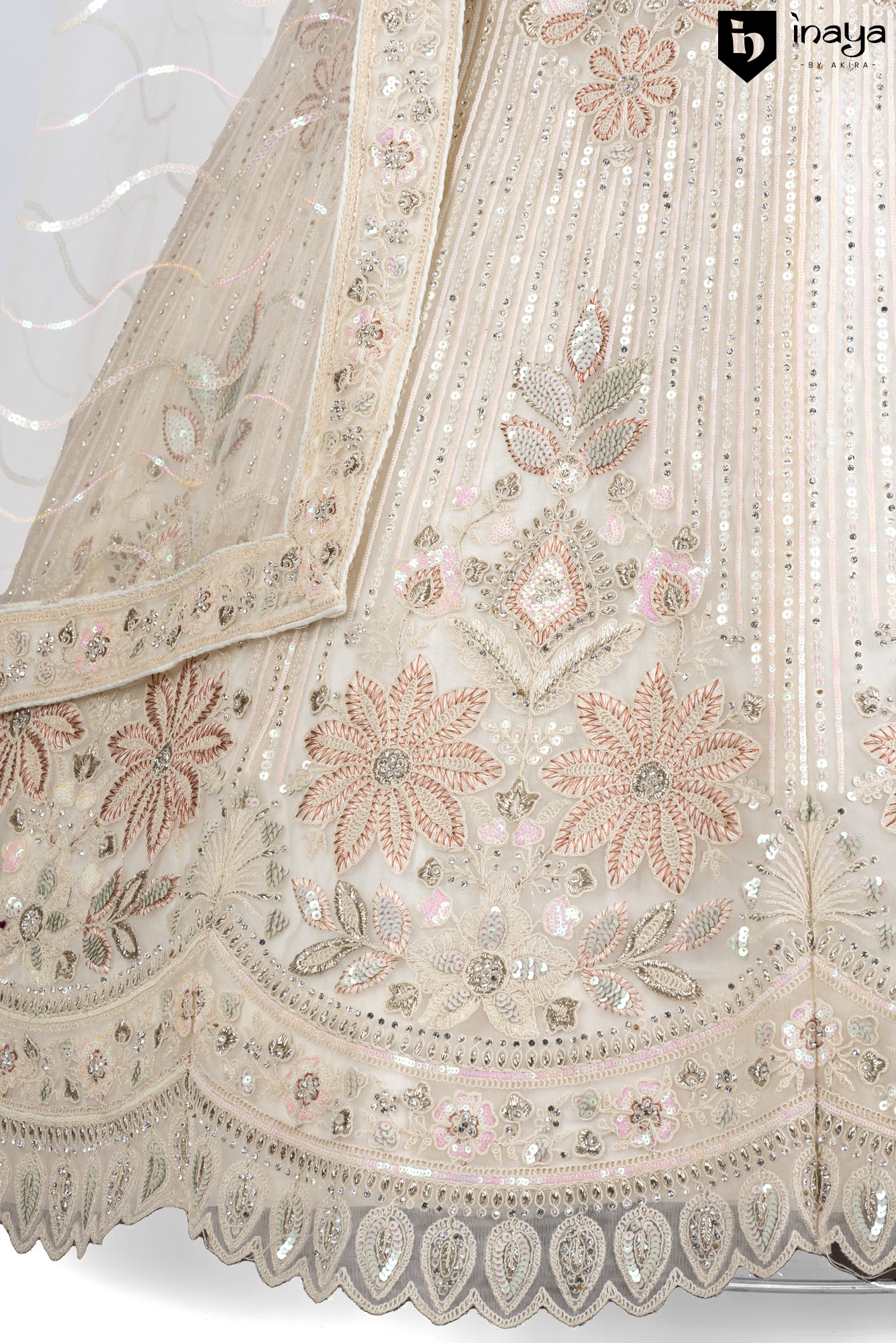 Ethereal Glow: Ivory Net Semi-Stitched Lehenga with Sequin Embroidery