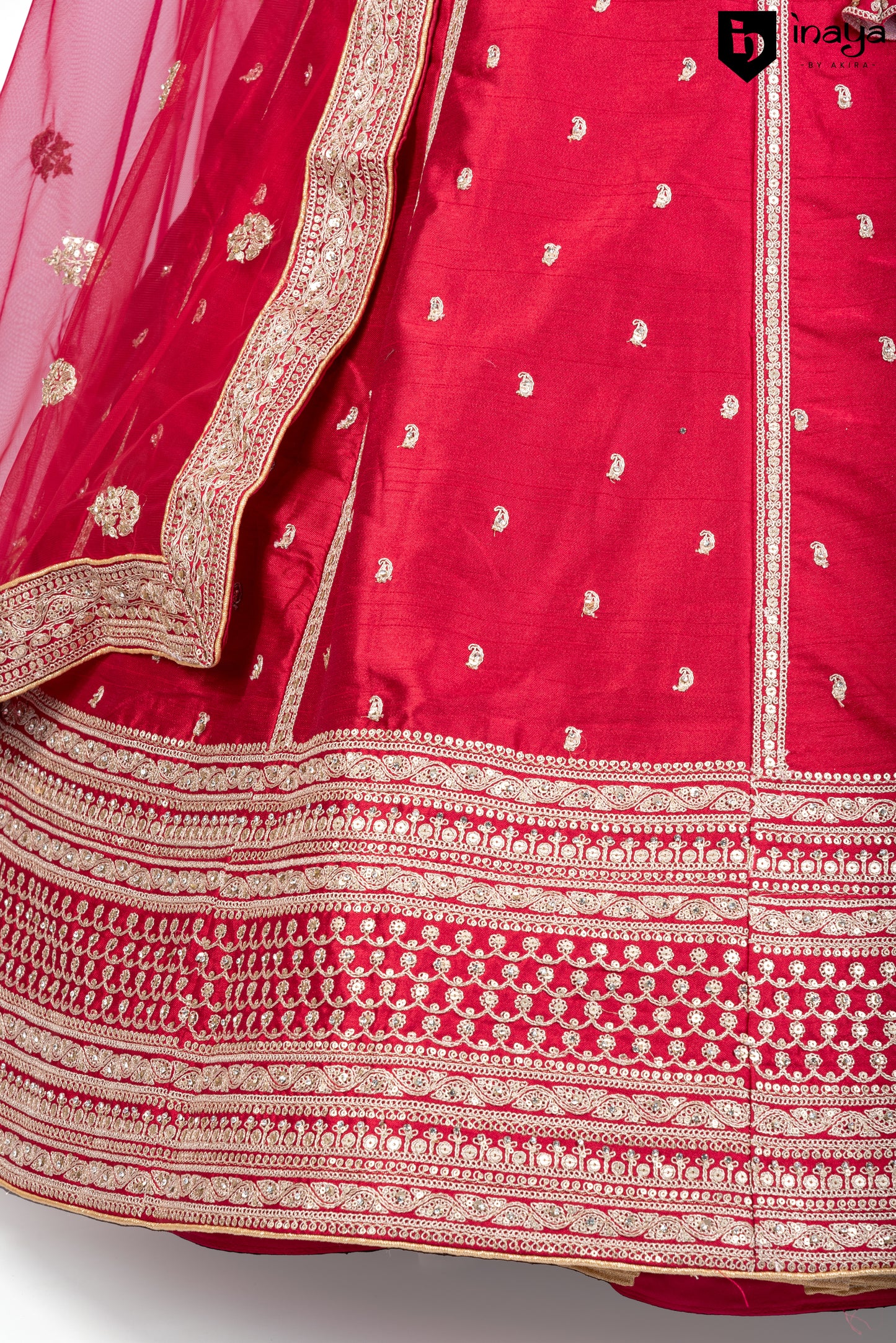 Majestic Silk Elegance: Ruby Red Silk Semi-Stitched Bridal Lehenga with Pure Net Dupatta