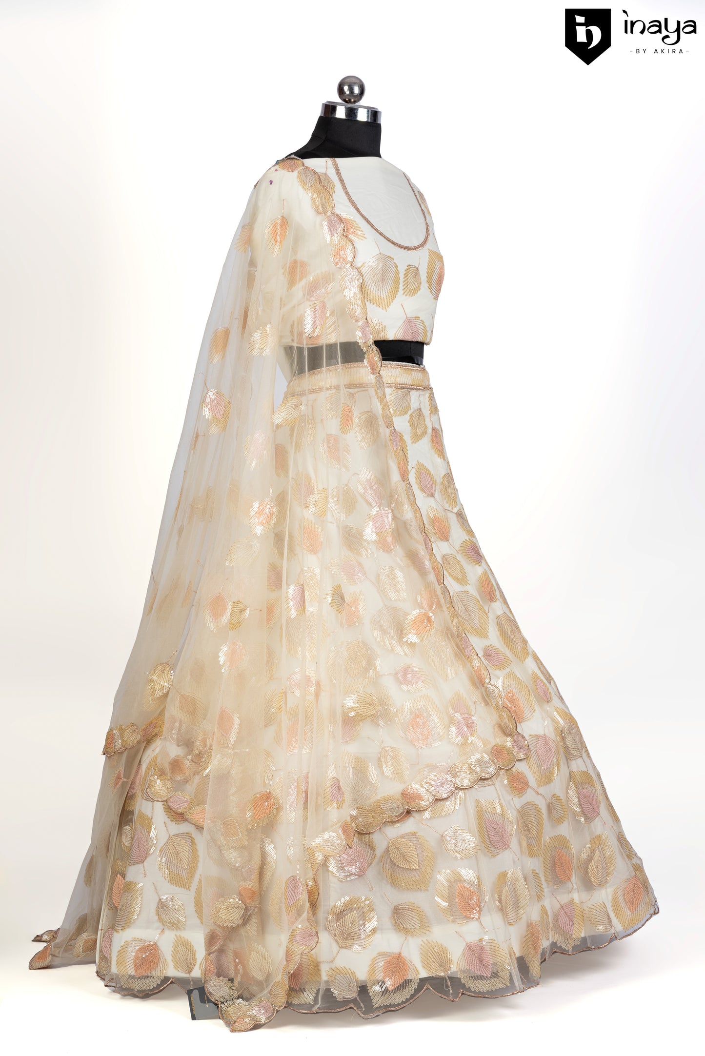 Champagne Elegance Semi-Stitched Lehenga with Floral Embroidery