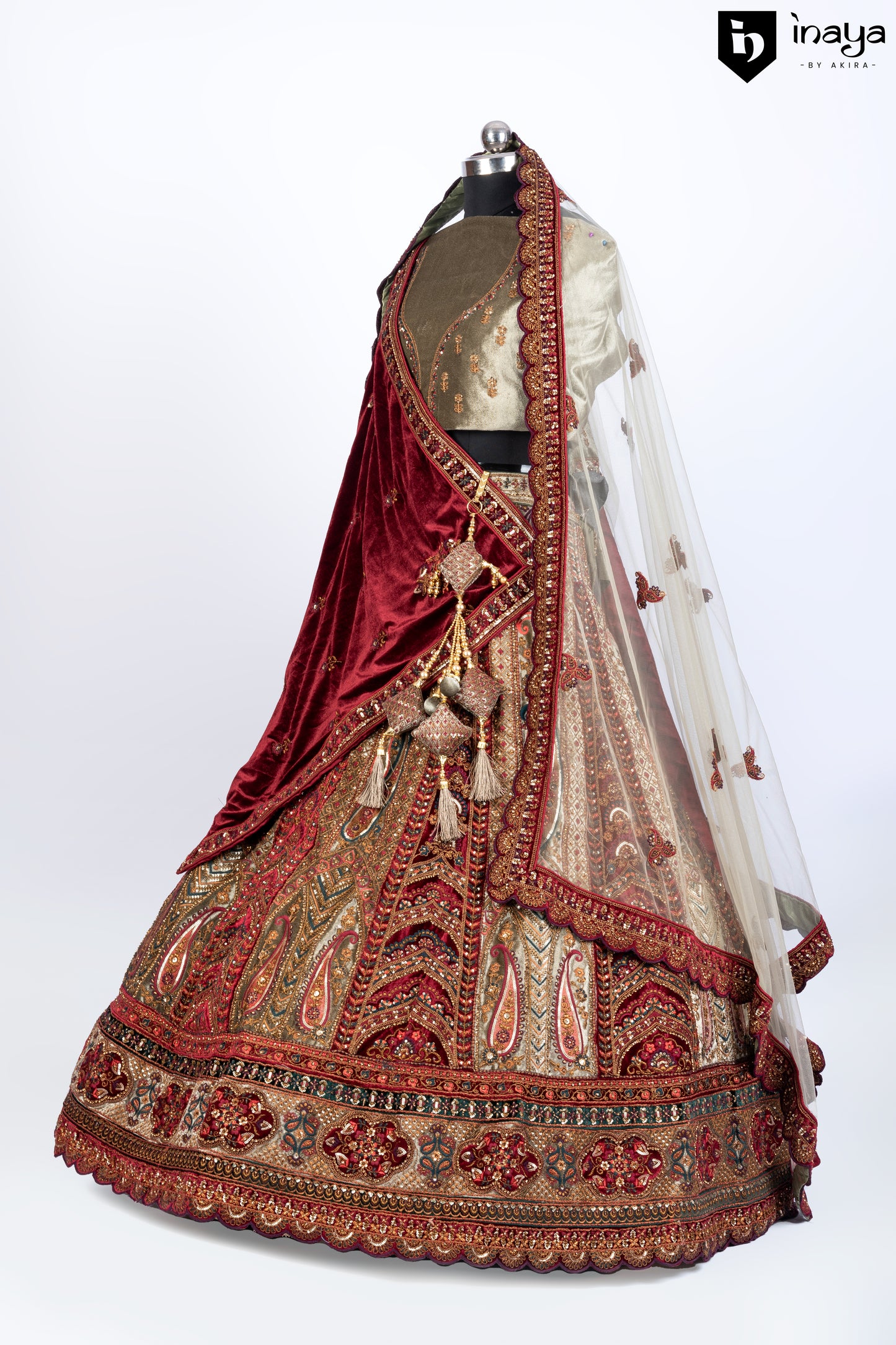 Velvet and Tulle Opulence: Burgundy Velvet Semi-Stitched Bridal Lehenga with Embroidered Tulle Dupatta